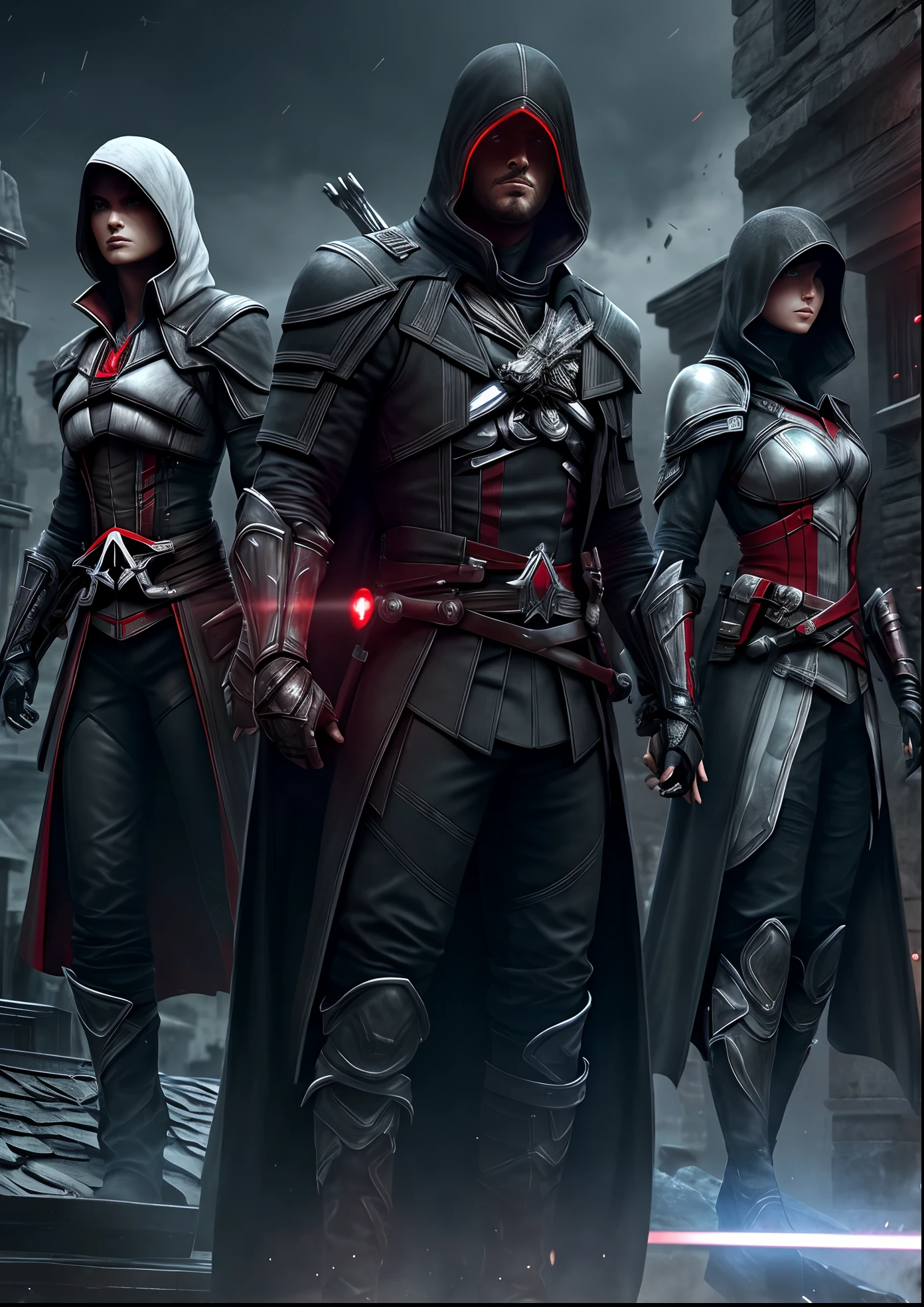 Futuristic,sci fi armour,A group of assassin's, assassin's Creed outfit,6 people,night,red eyes glowing in the dark,dark, monochrome, black outfits,all looking at the viewer,upper body, realistic lighting, unreal engine 5, CGI illustration,standing on Rooftops,