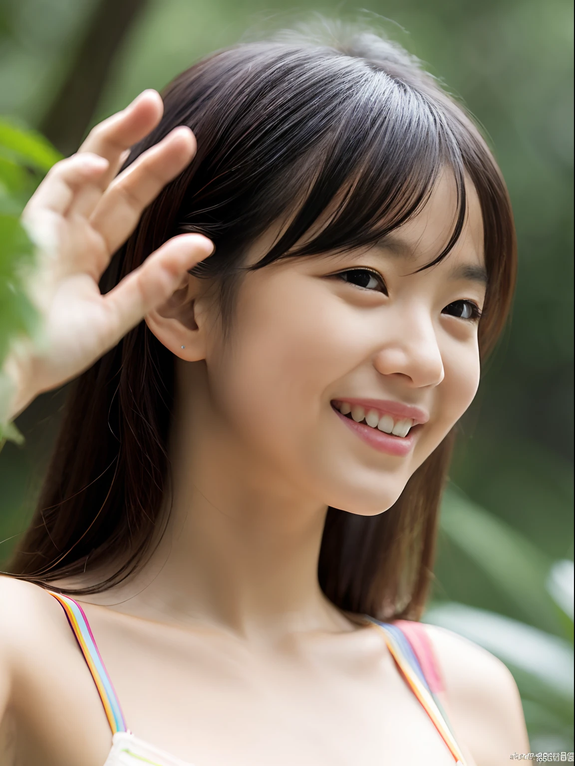 (masterpiece), (high resolution 32K), photo realistic, (face close-up:0.6), (standing Japanese girl:1.0), (wave hands and smile:1.0), (lookup forest:1.0), (sanctuary ruins:1.0), (after rain and rainbow:1.0)no bra,large breasts,breast out, (symmetrical clear eyes:1.3), detailed eyes and face, detailed body, detailed skin, detailed hair,half-smile,emotional faces,teeth,solo,natural lightning, Sony α7, 50mm, f1.4