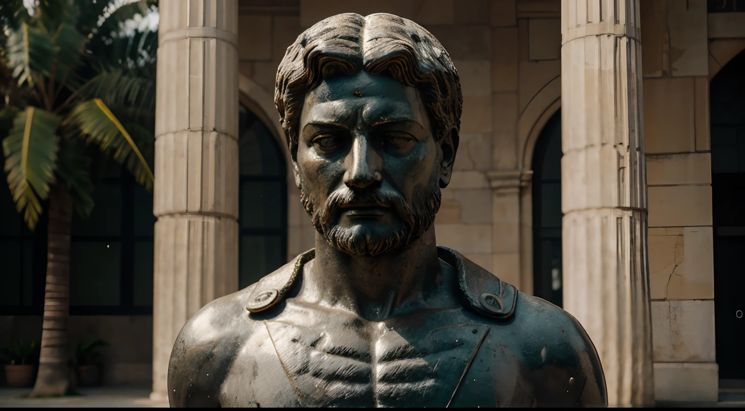 Ancient Stoic Statue With Very Angry Expression, tem barba, muitos detalhes em ambos os olhos, Outside, com rosto extremamente detalhado full body view, Colors with low saturation with dark tone, Filmado em Sony A7S III com Sony FE 35mm f/1.8, 12.1 MP, --AR 3:2 --estilo cru