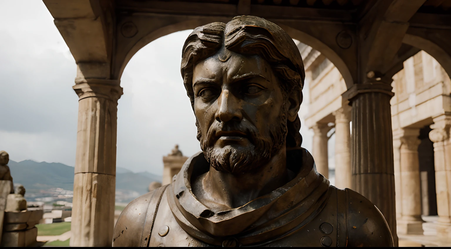 Ancient Stoic Statue With Very Angry Expression, tem barba, muitos detalhes em ambos os olhos, Outside, com rosto extremamente detalhado full body view, Colors with low saturation with dark tone, Filmado em Sony A7S III com Sony FE 35mm f/1.8, 12.1 MP, --AR 3:2 --estilo cru