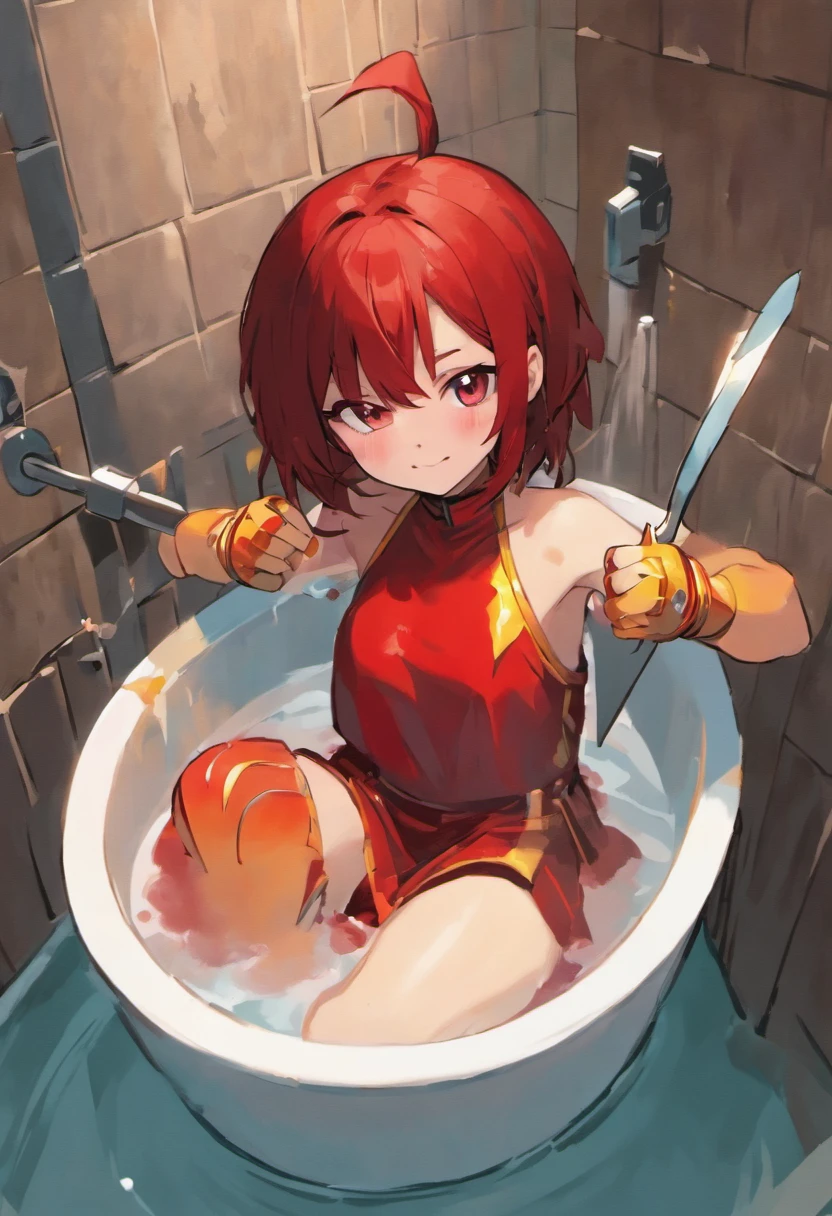 style of anime,Kitchen scene,There is an iron barrel bath in the center,There is a small stool next to the iron bucket bath, As tall as an iron barrel bath,Iron bucket bath(hot water,Dice vegetables,Dice onion,Write carrot chunks),((1girll:brunette color hair,There are dark red dragon horns on the sides of the head,A cup,localização:In an iron drum bath,Action:(Leaning against the Iron Man Bath,The left and right hands grasp the edge of the iron knife edge),expressioness:(enjoying,ssmile),Be red in the face)).((2girls:redheadwear,There are red dragon horns on the sides of the head,A cup,localização:Stand on a small stool next to the iron bucket bath,The clothes ar:(Red skirt,short- sleeved),action:(Hold a large spoon in both hands, Stir back and forth in an iron drum bath),expressioness:(having fun,The smile is sinister).))