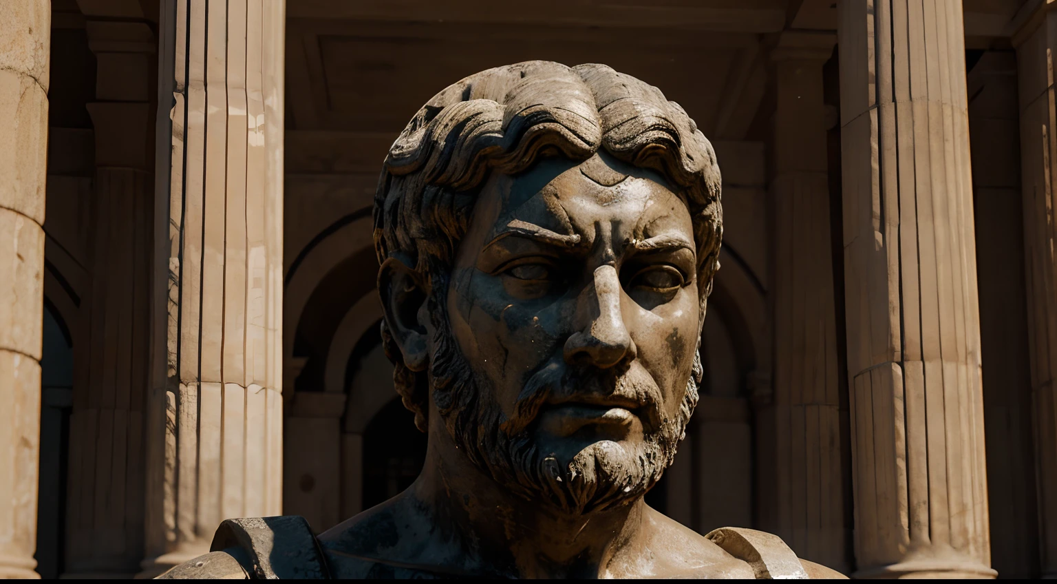 Ancient Stoic Statue With Very Angry Expression, tem barba, muitos detalhes em ambos os olhos, Outside, com rosto extremamente detalhado full body view, Colors with low saturation with dark tone, Filmado em Sony A7S III com Sony FE 35mm f/1.8, 12.1 MP, --AR 3:2 --estilo cru