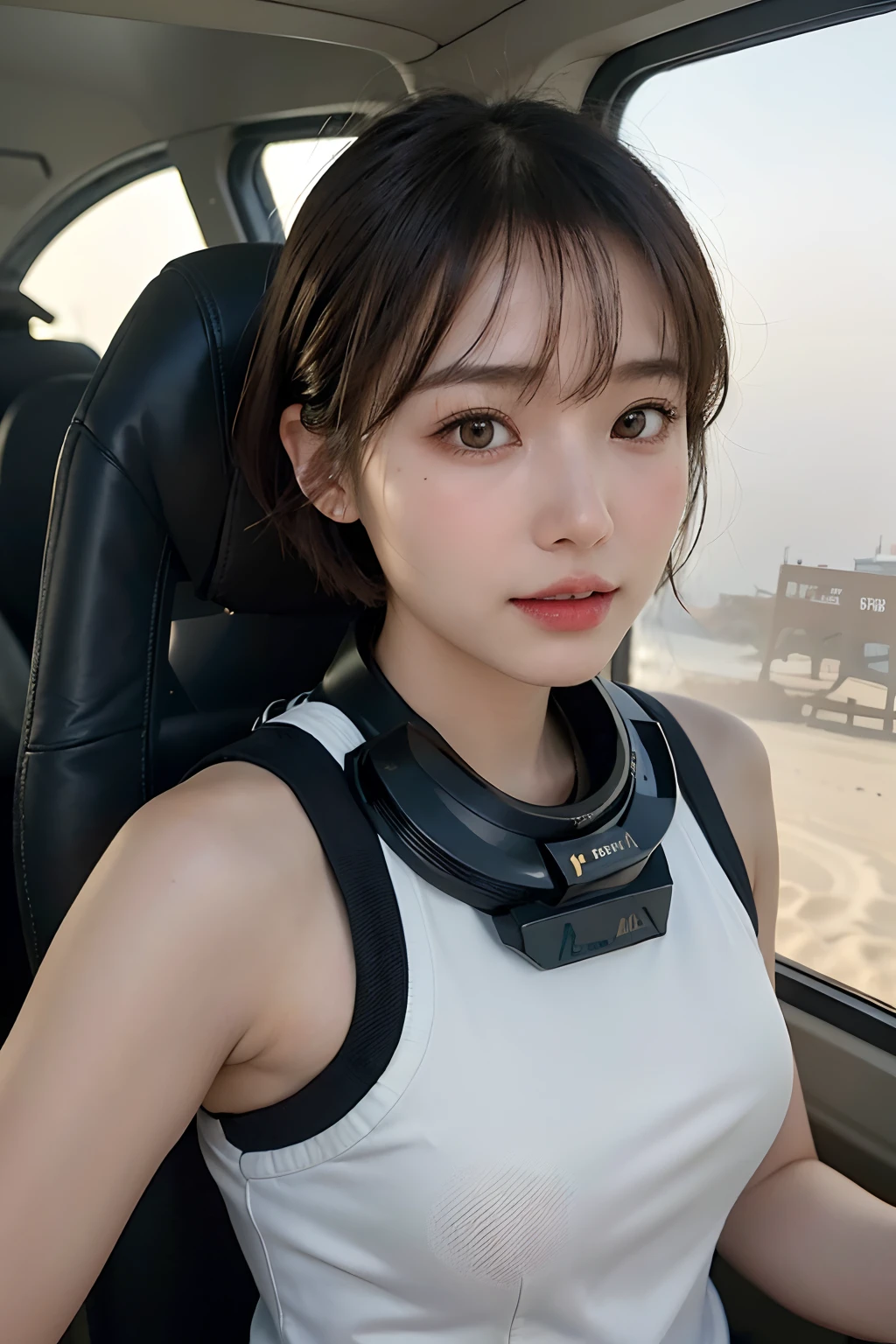 top-quality、masterpiece、超A high resolution、(realisitic:1.4)、Beautuful Women1、Beautiful detail eyes and skin、ssmile、Light brown short-cut hair、The perfect spacesuit、Inside the spacecraft、Sand Planet、sandstorm、weak sunshine、