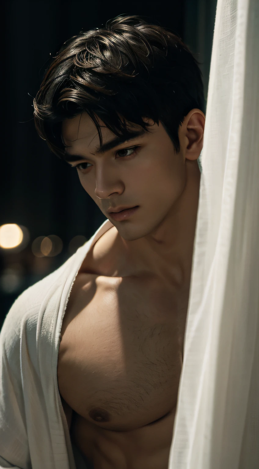 (8K, RAW photo, Highest quality),Realistic,1 man,frontage,Intricate details,Closed mouth,Extremely detailed eyes and eyelashes,Delicate headgear,Muscular male,Manly,looks away,Male focus,Solo,Open the transparent robe,Exposing the pectoral muscles,Exposing abs,Black thong panties,white short socks,No shoes,full bodyesbian,Night sky,Soft lighting,Cinematic lighting,Portrait,Close-up,Lovingly