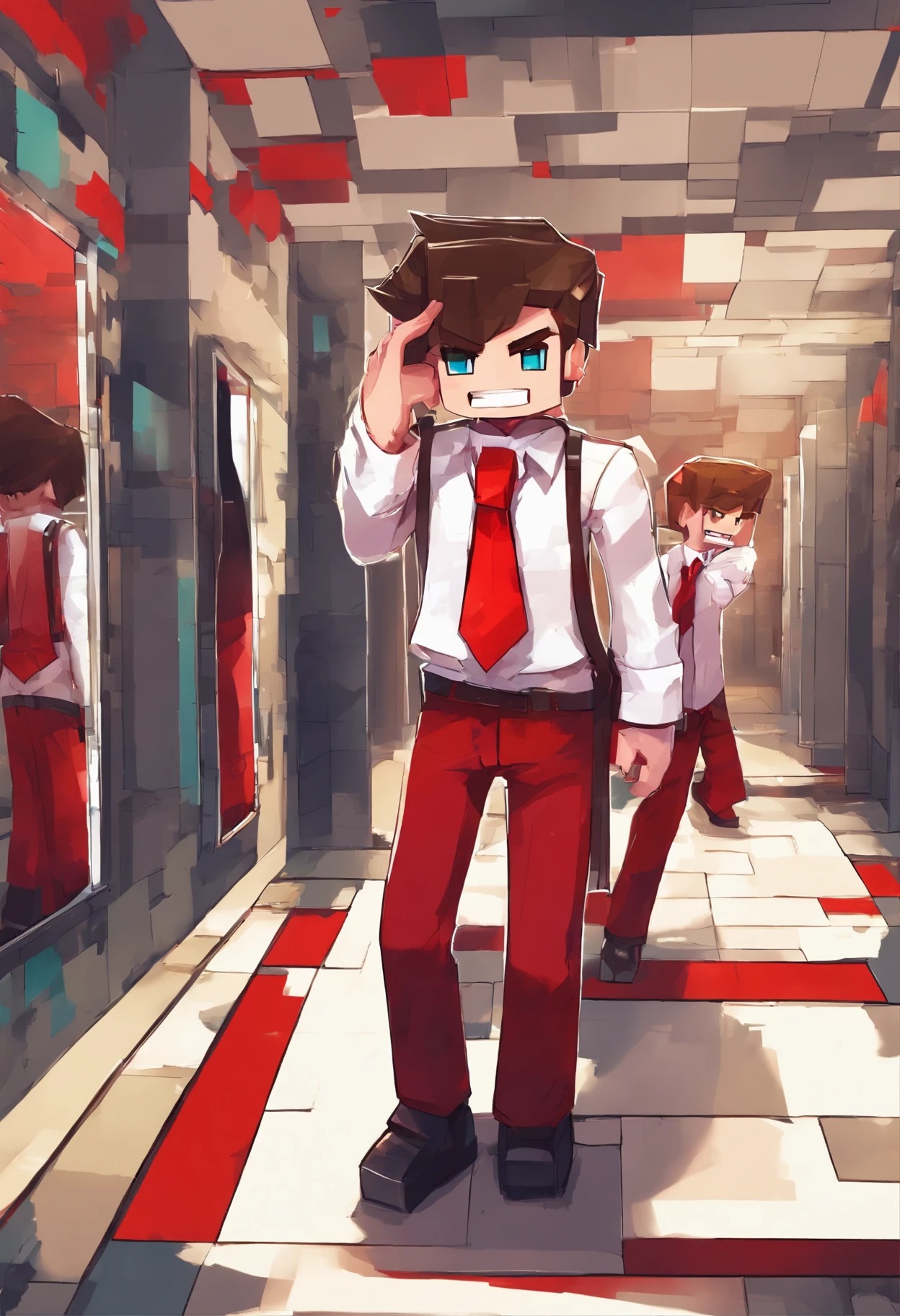 ar old capturing pricture using mobile in front of mirror , wearing red pant and white shirt and red tie and without court,anime,swag,attitude,stylish cloths,classy background,8K