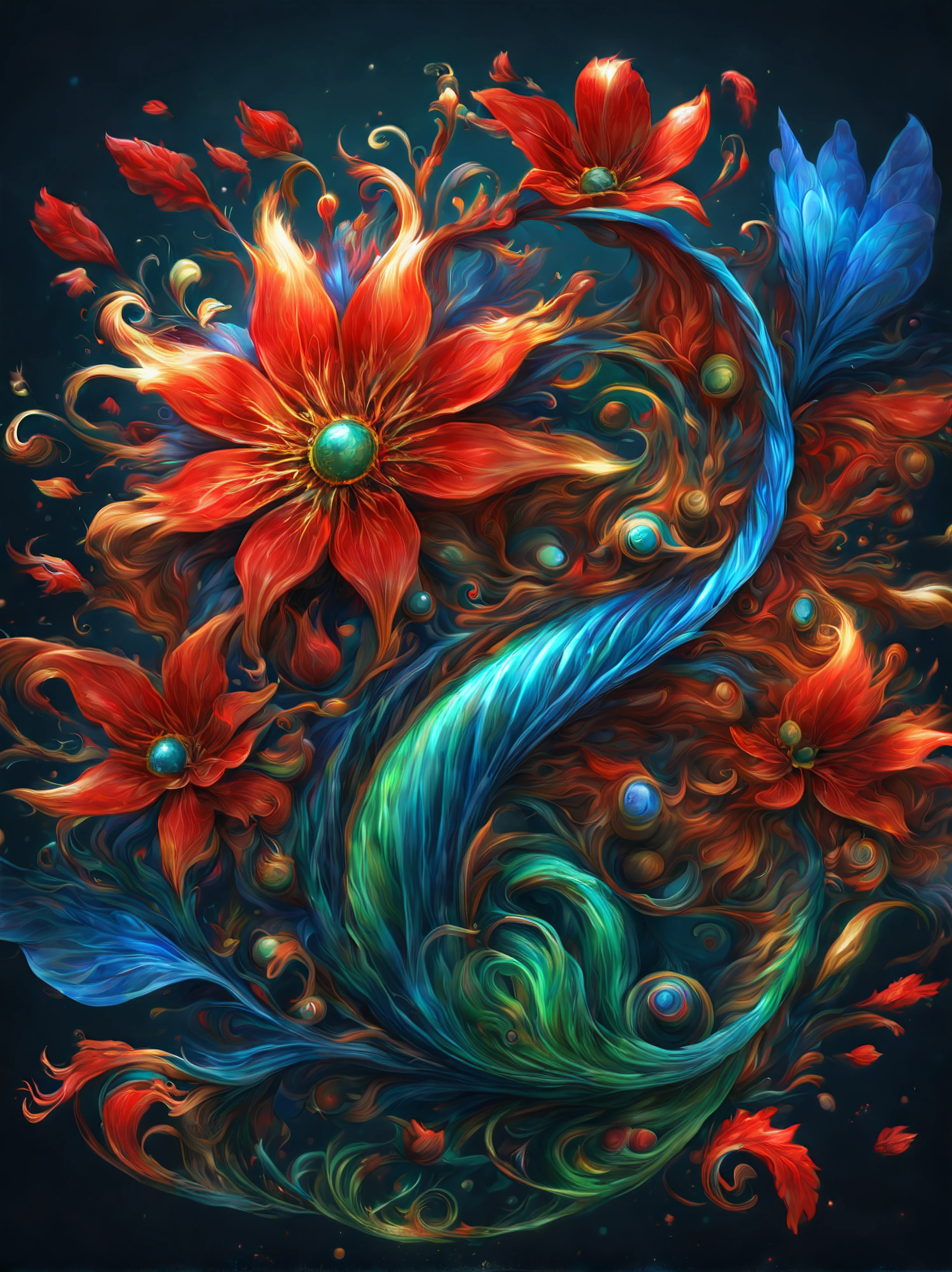 Cute fantastic creature, liquid structure, flying petals, splash, fantasy background, intricate patterns, ultra detailed, red and blue and green and gold, luminous, radiance, ultra realism, complex details, intricate details, 16k, HDR, high quality, trending on artstation, sharp focus, studio photo, intricate details, highly detailed, Mysterious