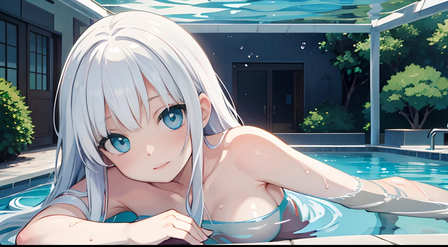 partial underwater shot,White-haired and blue-eyed girl swimming in the pool of the villa,anime