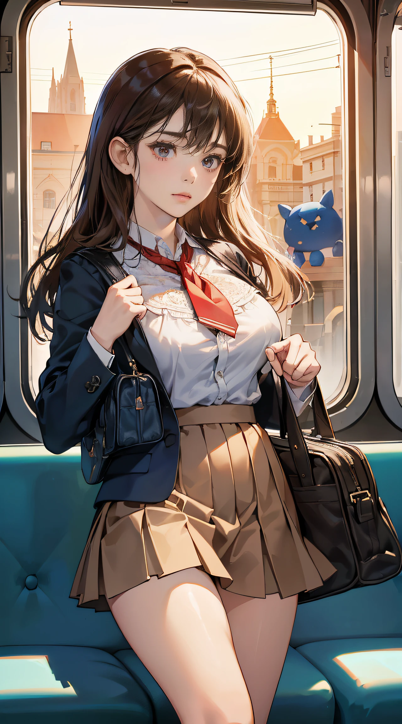 Dark blue blazer、white  shirt、Red Big Ribbon、(Super Mini Flared Skirt), Red tie, White socks, lowfers,Light Brown Fringe Longhair、disheveled hair、Light brown eyes、1girll、(Shy look)、(Photorealsitic)、(intricate detailes:1.2)、(​masterpiece、:1.3)、(top-quality:1.4)、(超A high resolution:1.2)、超A high resolution、(A detailed eye)、(detailed facial features)、nffsw、8K分辨率、、(lensflare:0.7)、((((((爆乳)))))、Valley、Emphasize the valley、a short skirt、Worry about the fact that you can see your underwear、Touching the skirt、beauty legs、Seductive thighs、Emphasis on the thighs、facing the front there、frombelow、Standing on the train、School bag、Stuffed animals in bags