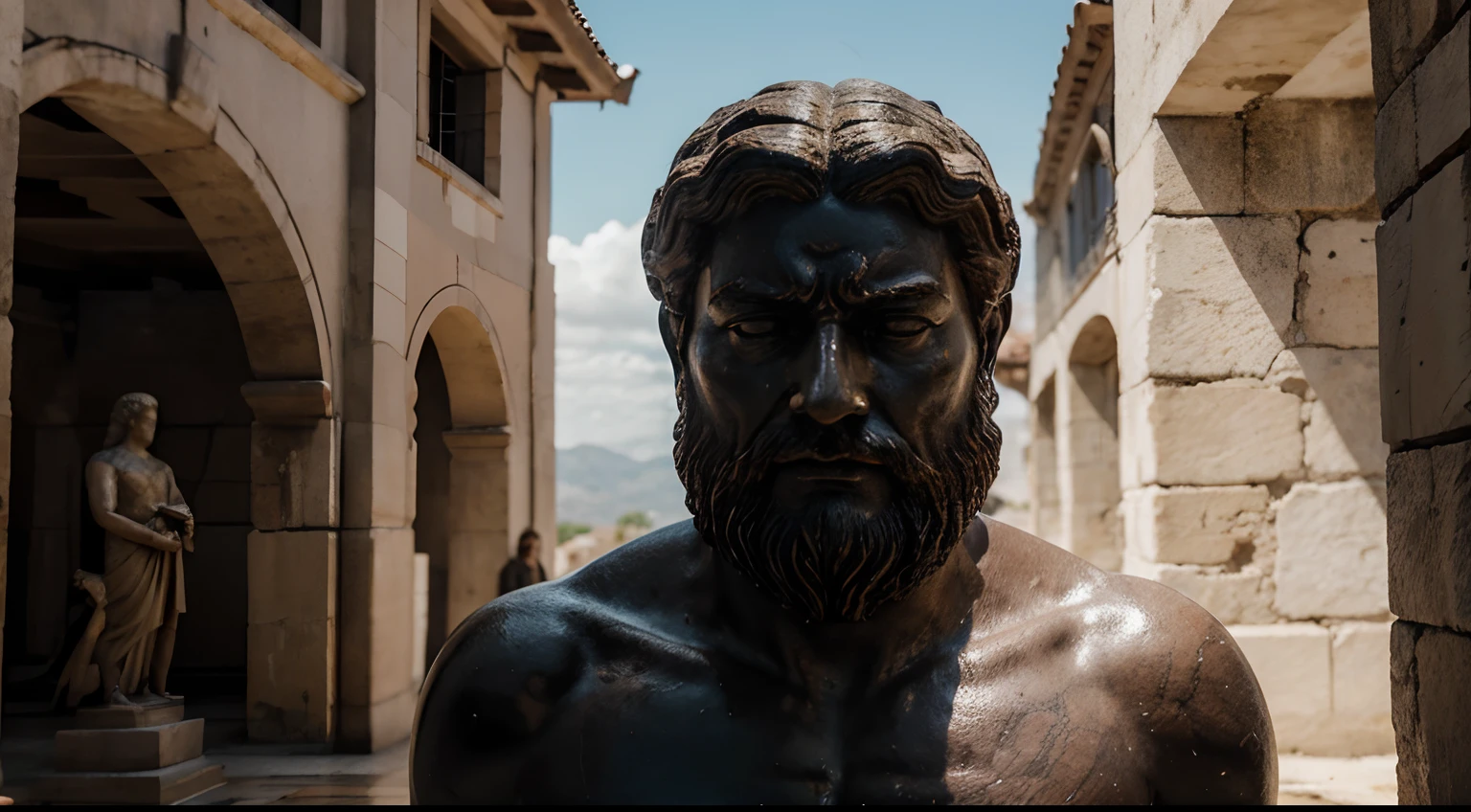Ancient Stoic Statue With Very Angry Expression, tem barba, muitos detalhes em ambos os olhos, Outside, com rosto extremamente detalhado full body view, Colors with low saturation with dark tone, Filmado em Sony A7S III com Sony FE 35mm f/1.8, 12.1 MP, --AR 3:2 --estilo cru