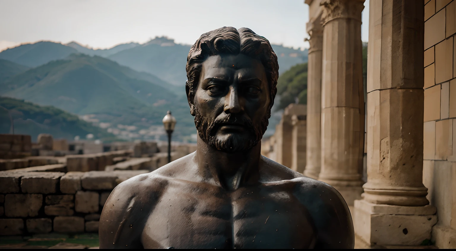 a portrait statue of the stoic Marcus Aurelius in black and white 4K, Super realistic ANCIENT GREEK RUINS, fully body, corpo stark, brawny, stark, wearing no shirt, tronco stark, stark, wearing no shirt, strong arms, 8K, ultra realisitic, cinematographic
