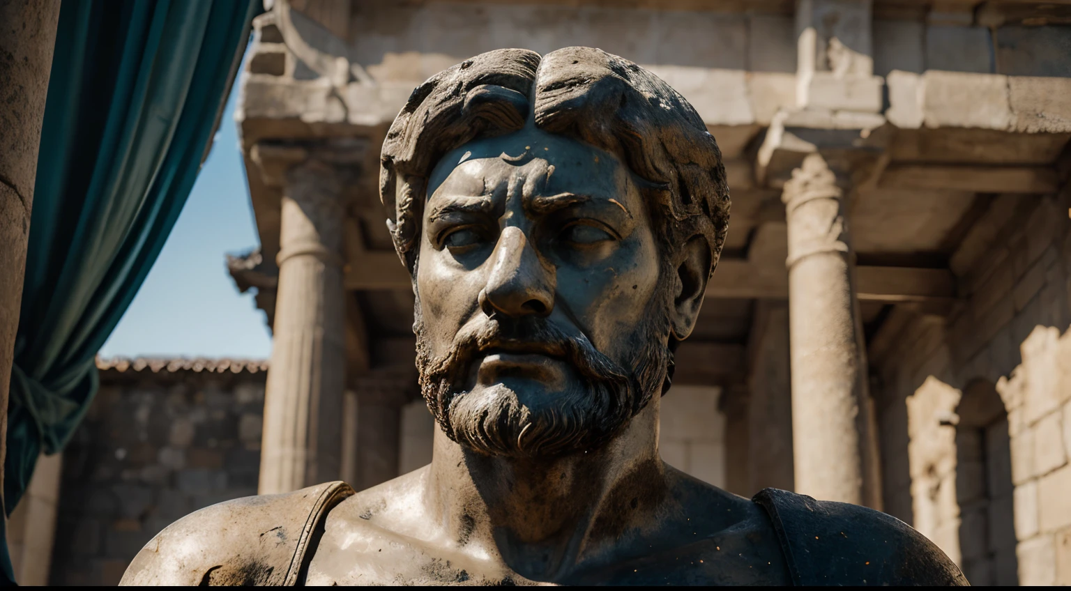 Ancient Stoic Statue With Very Angry Expression, tem barba, muitos detalhes em ambos os olhos, Outside, com rosto extremamente detalhado full body view, Colors with low saturation with dark tone, Filmado em Sony A7S III com Sony FE 35mm f/1.8, 12.1 MP, --AR 3:2 --estilo cru