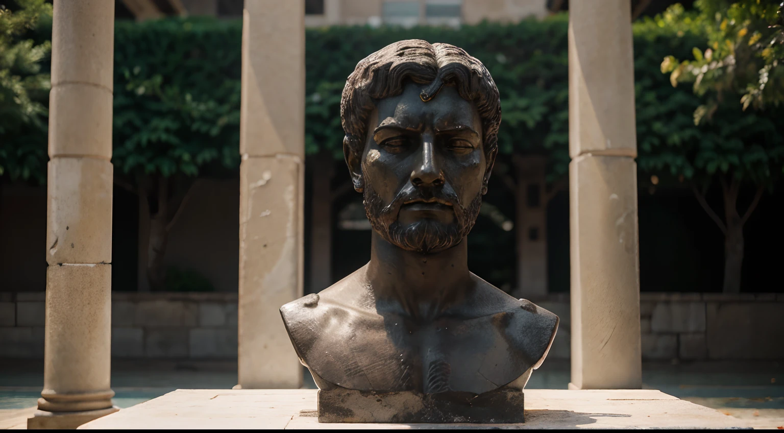 Ancient Stoic Statue With Very Angry Expression, tem barba, muitos detalhes em ambos os olhos, Outside, com rosto extremamente detalhado full body view, Colors with low saturation with dark tone, Filmado em Sony A7S III com Sony FE 35mm f/1.8, 12.1 MP, --AR 3:2 --estilo cru