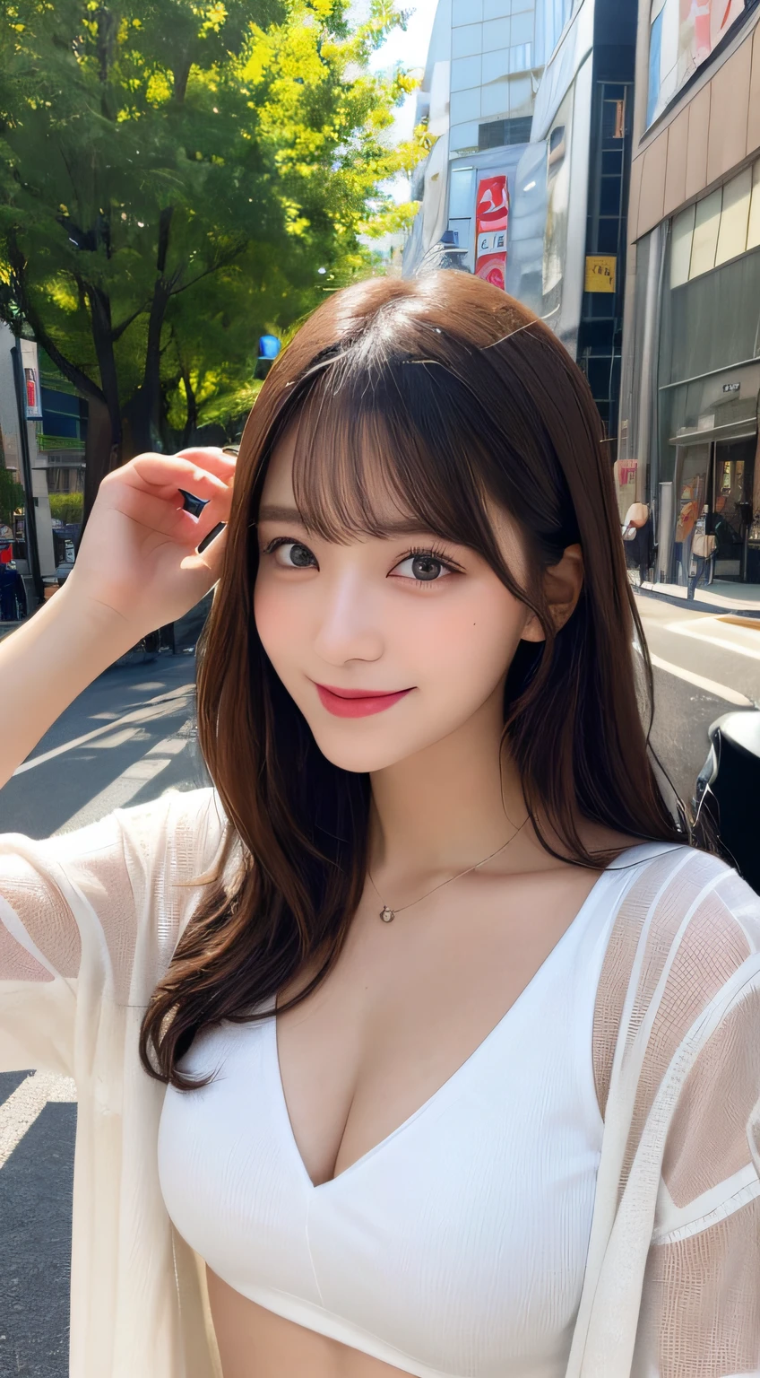 masutepiece, Best Quality, Illustration, Ultra-detailed, finely detail, hight resolution, 8K Wallpaper, Perfect dynamic composition, Beautiful detailed eyes, Women's Fashion Summer,Medium Hair,Small breasts natural color lip, Bold sexy poses,Smile,Harajuku、20 years girl、Cute、Sexy shot looking at camera