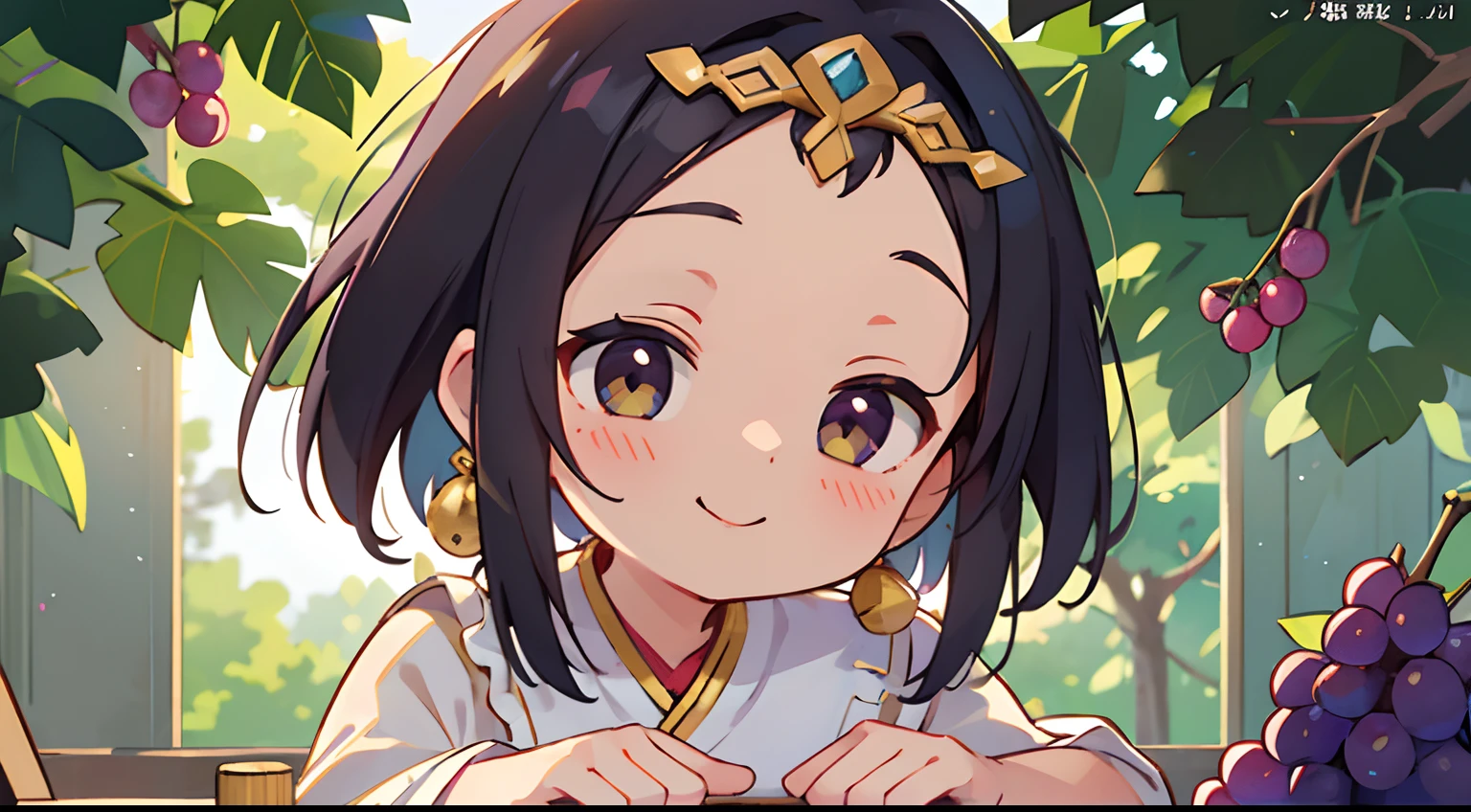 Octane Render、(Hyper-detailing: 1.15)、(Soft light、sharp: 1.2)、morning、Harvesting grapes, Distinctive ethnic hair ornaments、 Fuji Film, F/4.0, masutepiece, Anatomically correct、A smile, radiant light