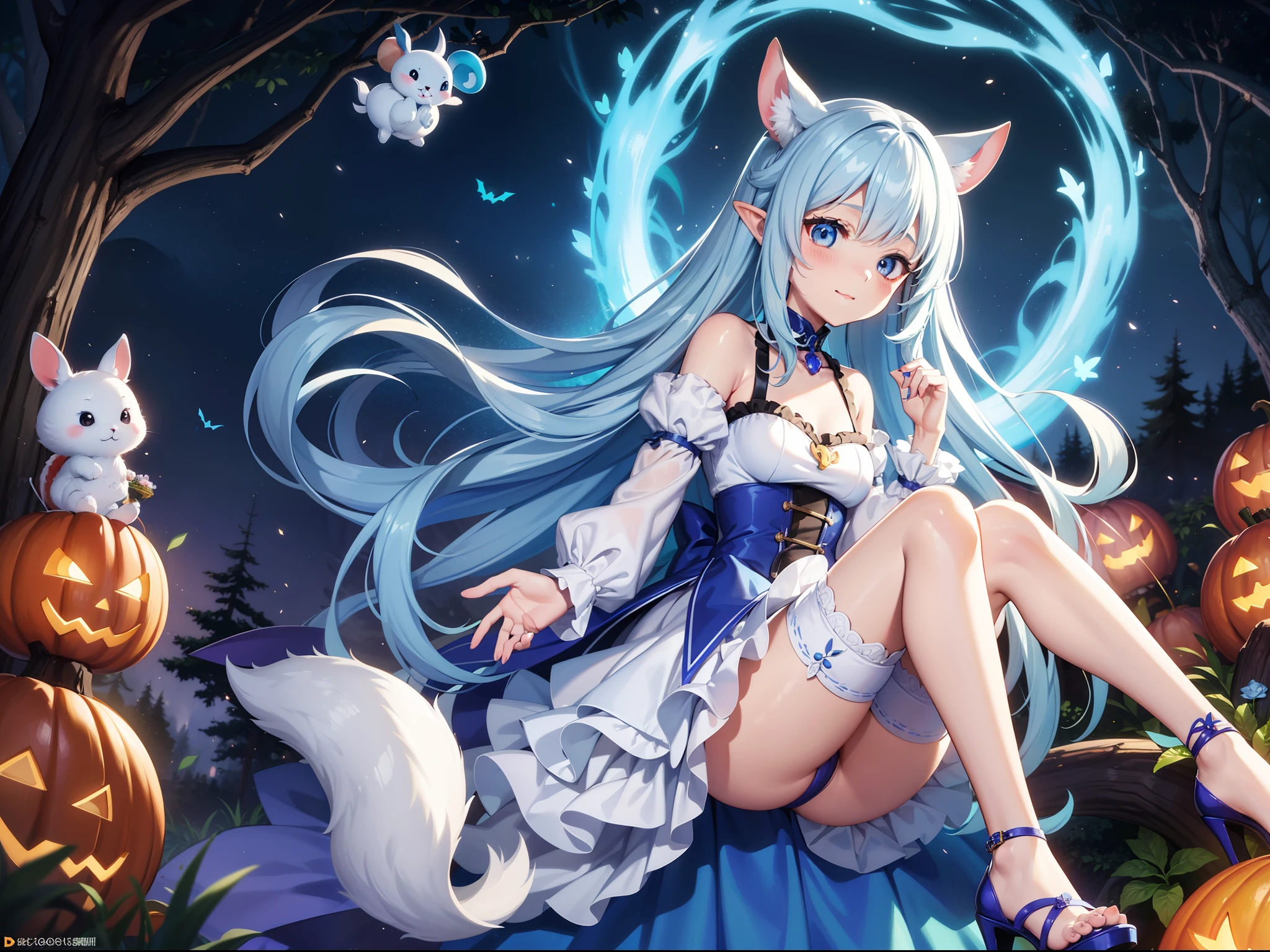In the Halloween Forest、There is a small white rabbit with long ears, White long ears、I'm with a pretty girl with long blue hair。It is a cute and sexy outfit in white and blue and yellow。White panty Dark eyes。cute forest creature, Cute mushrooms also grow、Everyone is celebrating Halloween Adorable Digital Painting, cute detailed digital art, the squirrel king, Cute digital art, cute cartoon characters, cute character, CuteCreatures, Cutie, official illustrations, Official art, squirrel, maplestory mouse, astri lohne, cute 3d render