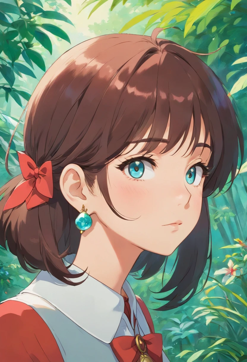 Kurumi tokisaki wearing an anime collar, a long necklace and earrings, in the style of tranquil gardenscapes, colorful animation stills, masami teraoka, aquamarine, paul gauguin, Embry style, honest portrayal