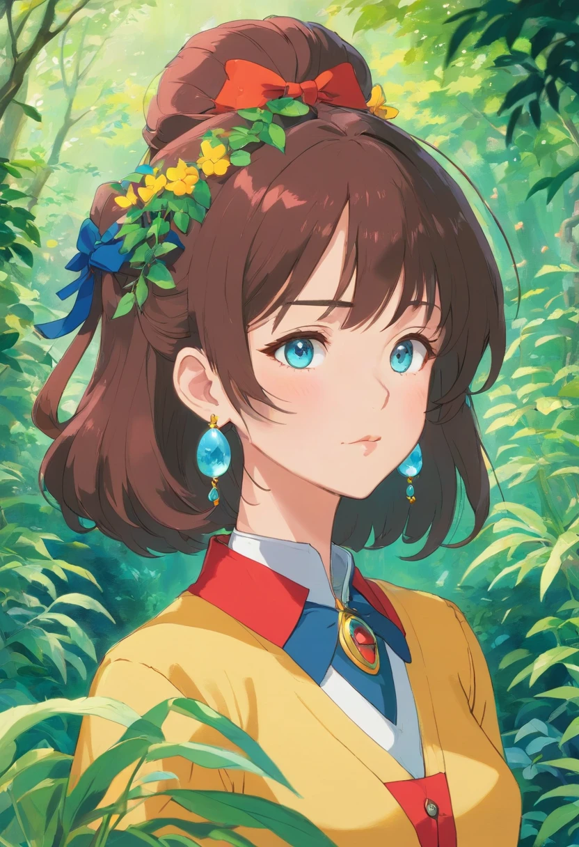 Kurumi tokisaki wearing an anime collar, a long necklace and earrings, in the style of tranquil gardenscapes, colorful animation stills, masami teraoka, aquamarine, paul gauguin, Embry style, honest portrayal