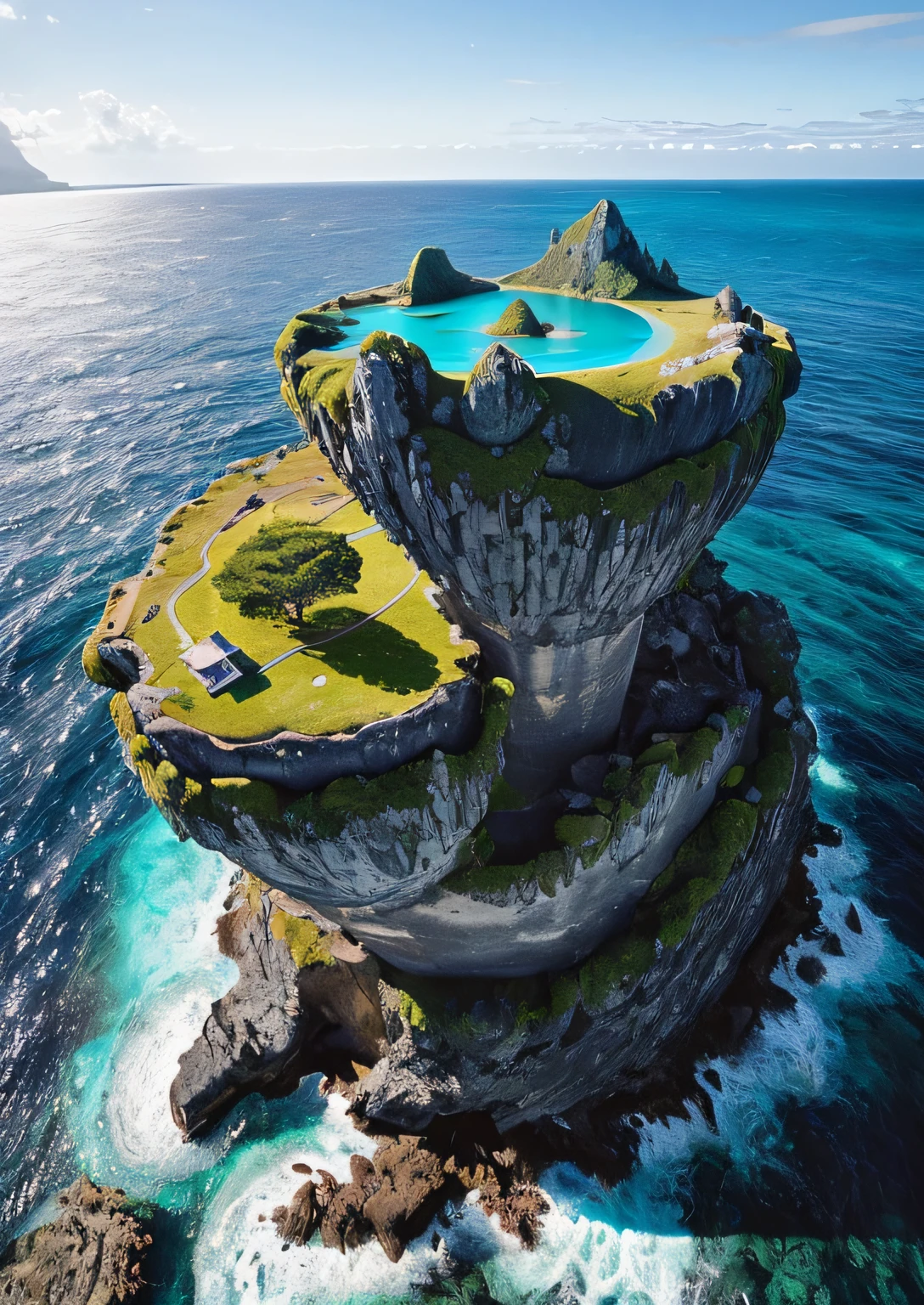 RAW photo of a landscape、detaile、Photorealsitic、hyper realistic photography、8 KB、Digital SLR、Soft lighting、hightquality、film grains、FujifilmXT3、(​masterpiece)、Midnight Sea、Blue Sea、Emerald Blue Sea、(If you look up, There is a flying island seen from the side The lower part of the island is rocky:1.6)、No house、An island that floats like a castle in the sky、water world，Futuristic sci-fi scene，There is a huge structure in the distance、Mystical sci-fi concept photo，Mystical worldview，Just like a sci-fi scene，Surreal sci-fi set photo，masutepiece、Best Quality、Incredibly realistic photos、optic
