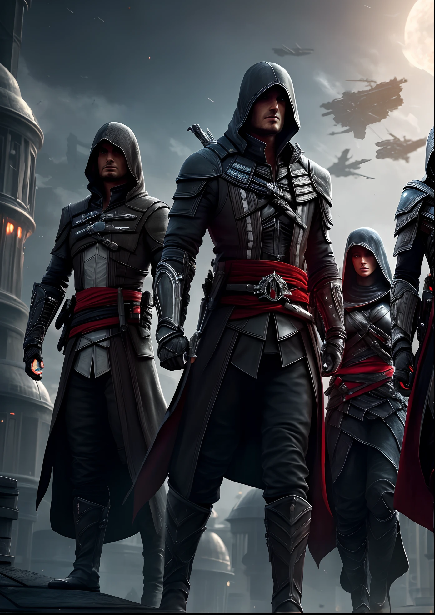 Futuristic,sci fi armour,A group of assassin's, futuristic assassin's Creed outfit,6 people,night,red eyes glowing in the dark,dark, monochrome, black outfits,all looking at the viewer,upper body, realistic lighting, unreal engine 5, CGI illustration,standing on Rooftops,