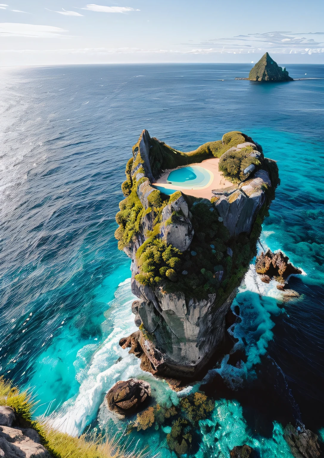 RAW photo of a landscape、detaile、Photorealsitic、hyper realistic photography、8 KB、Digital SLR、Soft lighting、hightquality、film grains、FujifilmXT3、(masterpiece)、Midnight Sea、Blue Sea、Emerald Blue Sea、(If you look up, There is a flying island seen from the side The lower part of the island is rocky:1.6)、No house、An island that floats like a castle in the sky、water world,Futuristic sci-fi scene,There is a huge structure in the distance、Mystical sci-fi concept photo,Mystical worldview,Just like a sci-fi scene,Surreal sci-fi set photo,masutepiece、Best Quality、Incredibly realistic photos、optic
