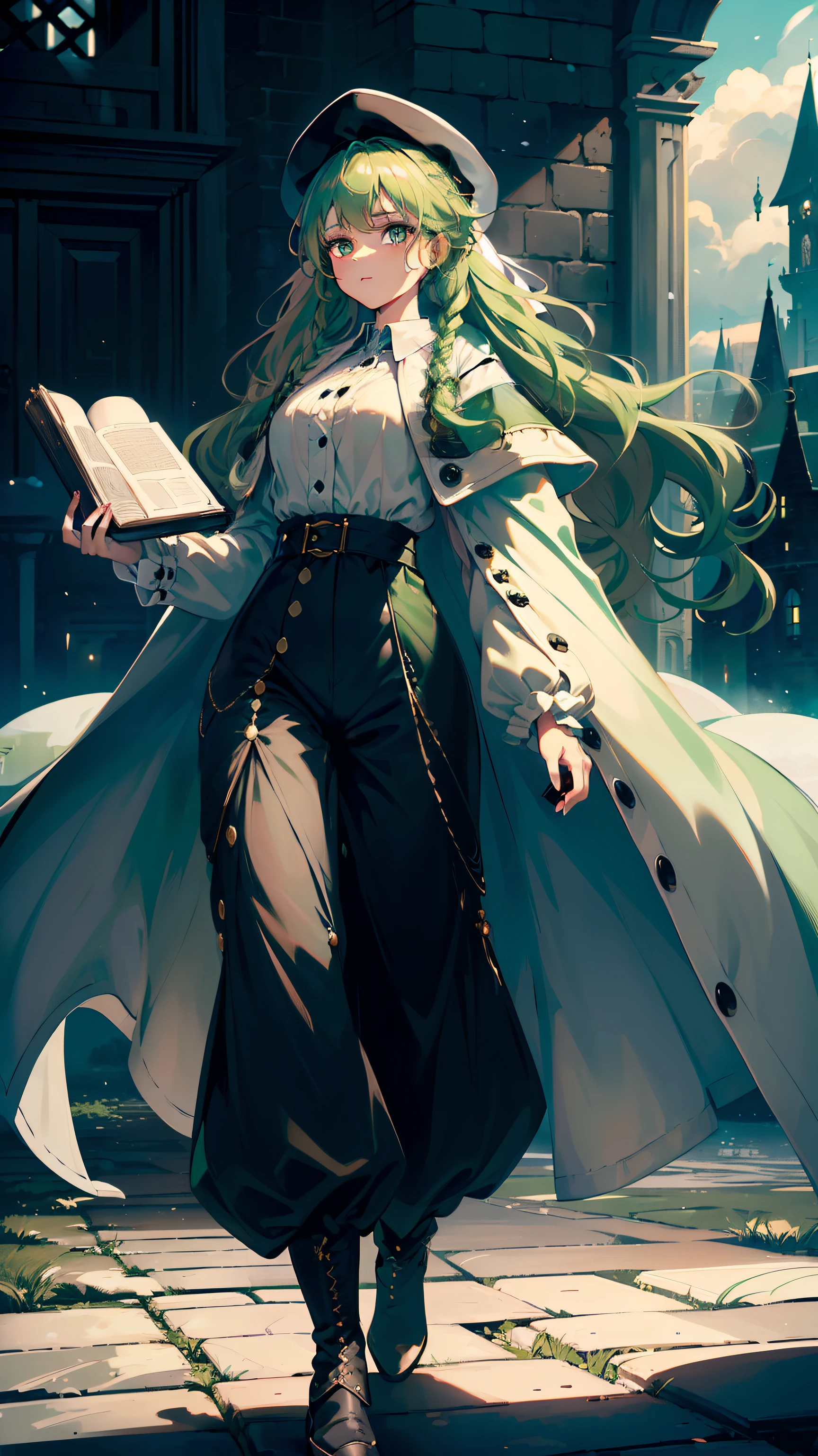 masterpiece, ultra detailed, 8k portrait, RAW photo, portrait photography, highly detailed face, beautiful and meticulous eyes, ((Fantasy)), Young beautiful, 22 years old, (((drooping eyes))), dynamic pose, (((Medium wavy light green hair))), ((braided twin tail)), parted bangs, White skin color, Luxury, (((black mortarboard cap))), (((white long fur cloak))) fluttering in the wind, (((many buttons Shirt dress))), (((black wide pants))), high cut leather boots, ((holding magic book)), Midday Sun, hyper realistic, Body model, Small breasts, Beautiful breasts, Long legs, in the snowy castle, Ambient lighting, Shadow details , Camera focus on thigh, strong breeze, Light fog