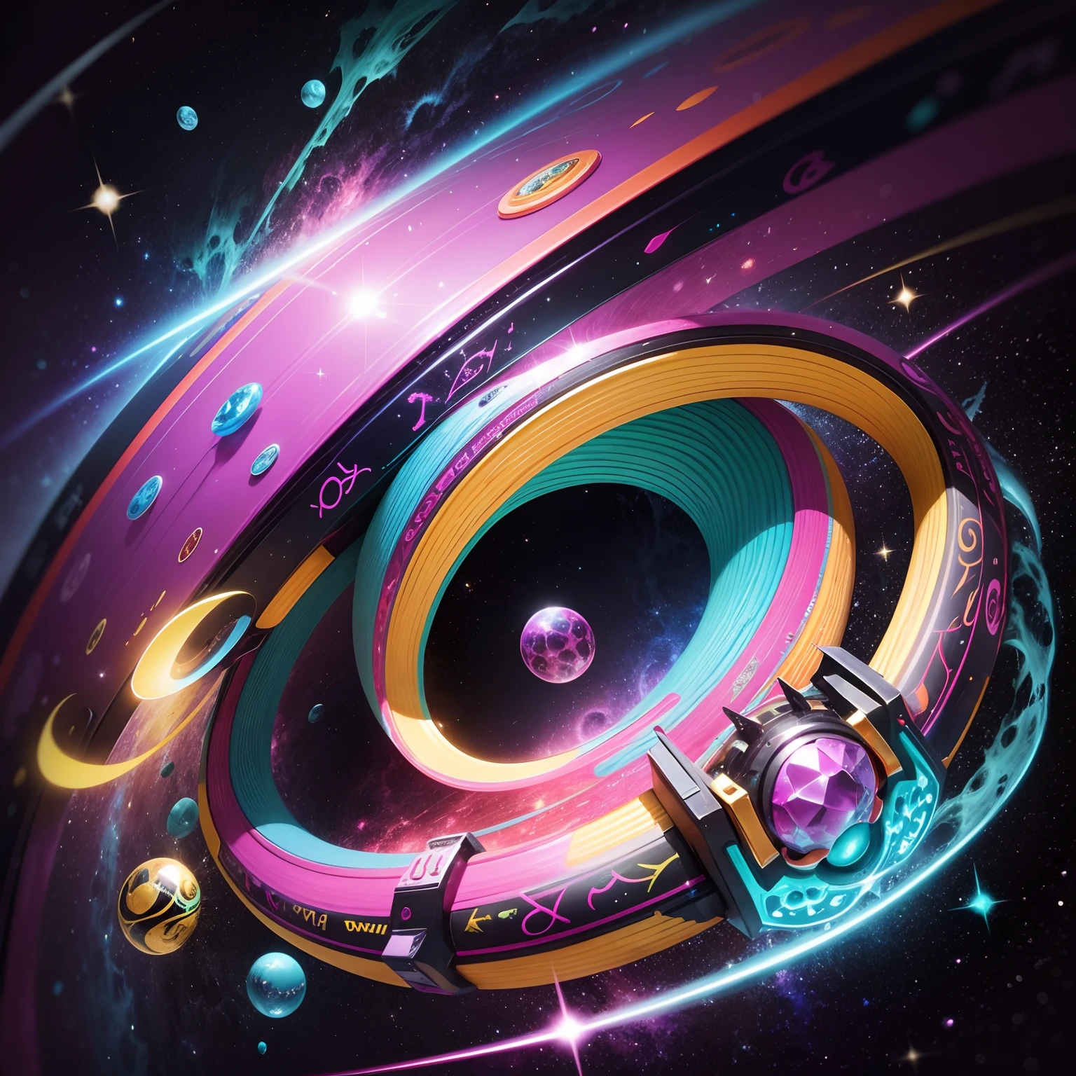 No estilo de Kenny Scharf, the band's logo with the letters PHY would have a psychedelic and colorful look. O dinossauro representando o "P" seria retratado com linhas curvas e cores vibrantes, Like you're in a dream dimension. A letra "H" formed by the galaxy and black hole would be an amalgam of abstract shapes and cosmic colors, with touches of sparkle to give a sense of space. O osso de galinha da sorte representando o "Y" seria estilizado de forma surrealista, com cores neon e detalhes extravagantes. The image as a whole would have a sense of joy and exuberance typical of Kenny Scharf's art style. --auto