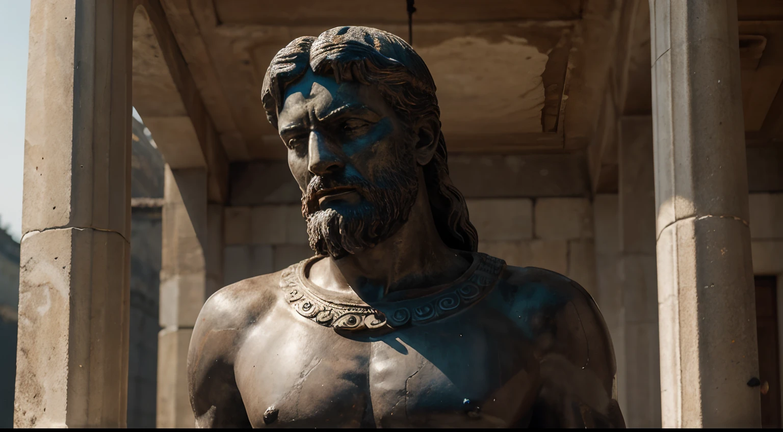Ancient Stoic Statue With Very Angry Expression, tem barba, muitos detalhes em ambos os olhos, Outside, com rosto extremamente detalhado full body view, Colors with low saturation with dark tone, Filmado em Sony A7S III com Sony FE 35mm f/1.8, 12.1 MP, --AR 3:2 --estilo cru