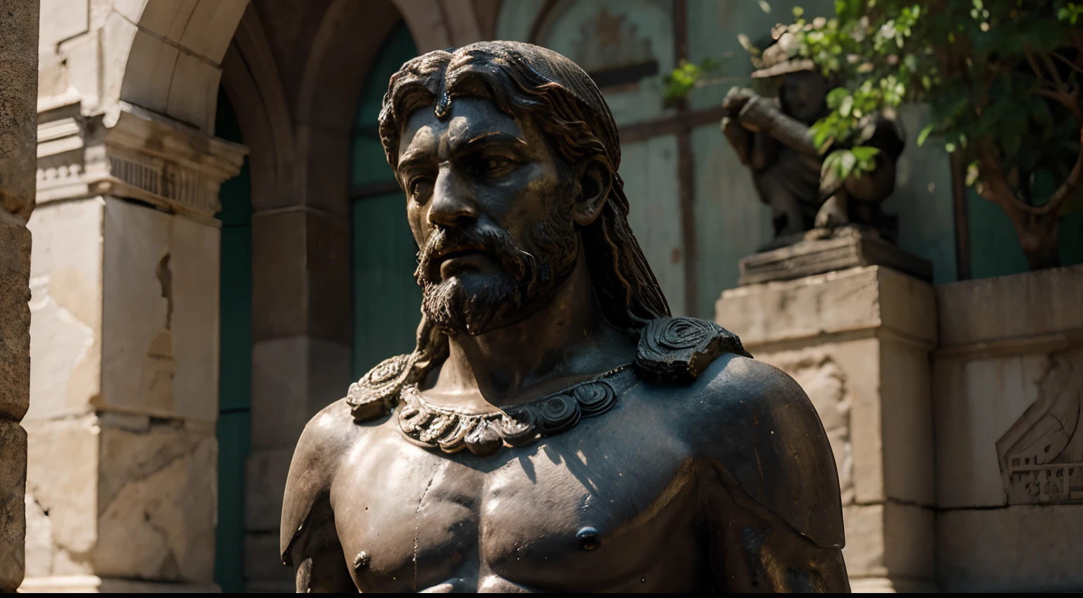 Ancient Stoic Statue With Very Angry Expression, tem barba, muitos detalhes em ambos os olhos, Outside, com rosto extremamente detalhado full body view, Colors with low saturation with dark tone, Filmado em Sony A7S III com Sony FE 35mm f/1.8, 12.1 MP, --AR 3:2 --estilo cru