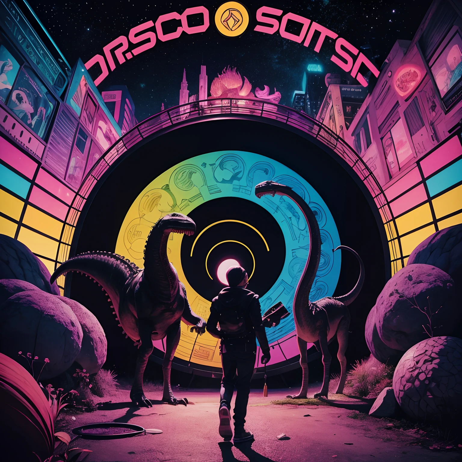A retro-futuristic-themed album cover, com um dinossauro, um buraco negro no centro e um osso bifurcado de uma galinha nessa ordem, Vibrando, psychedelic colors with a surrealist aesthetic inspired by Kenny Scharf's style. Um dinossauro, um buraco negro um osso y, Um dinossauro, um buraco negro um osso y