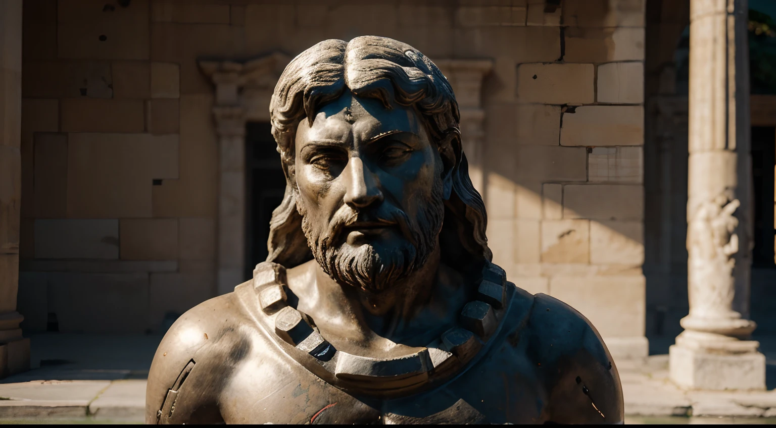 Ancient Stoic Statue With Very Angry Expression, tem barba, muitos detalhes em ambos os olhos, Outside, com rosto extremamente detalhado full body view, Colors with low saturation with dark tone, Filmado em Sony A7S III com Sony FE 35mm f/1.8, 12.1 MP, --AR 3:2 --estilo cru