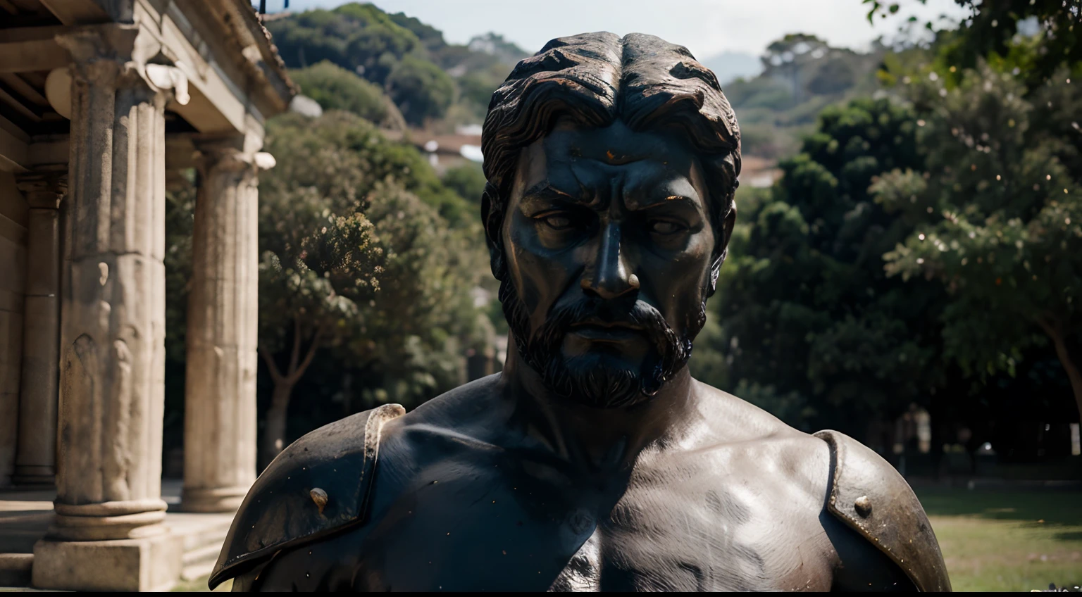 Ancient Stoic Statue With Very Angry Expression, tem barba, muitos detalhes em ambos os olhos, Outside, com rosto extremamente detalhado full body view, Colors with low saturation with dark tone, Filmado em Sony A7S III com Sony FE 35mm f/1.8, 12.1 MP, --AR 3:2 --estilo cru