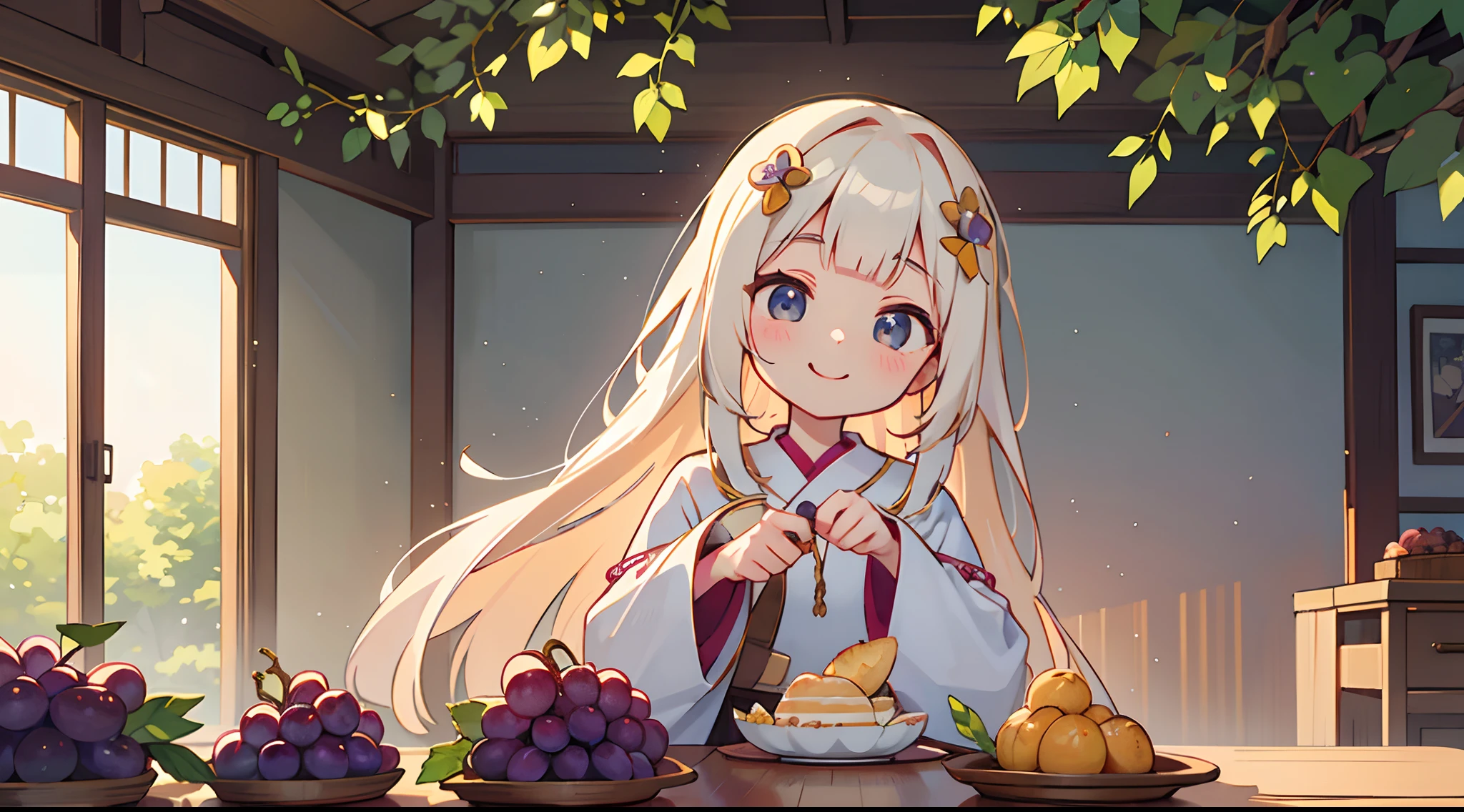 Octane Render、(Hyper-detailing: 1.15)、(Soft light、sharp: 1.2)、morning、Harvesting grapes, Distinctive ethnic hair ornaments、 Fuji Film, F/4.0, masutepiece, Anatomically correct、A smile, radiant light