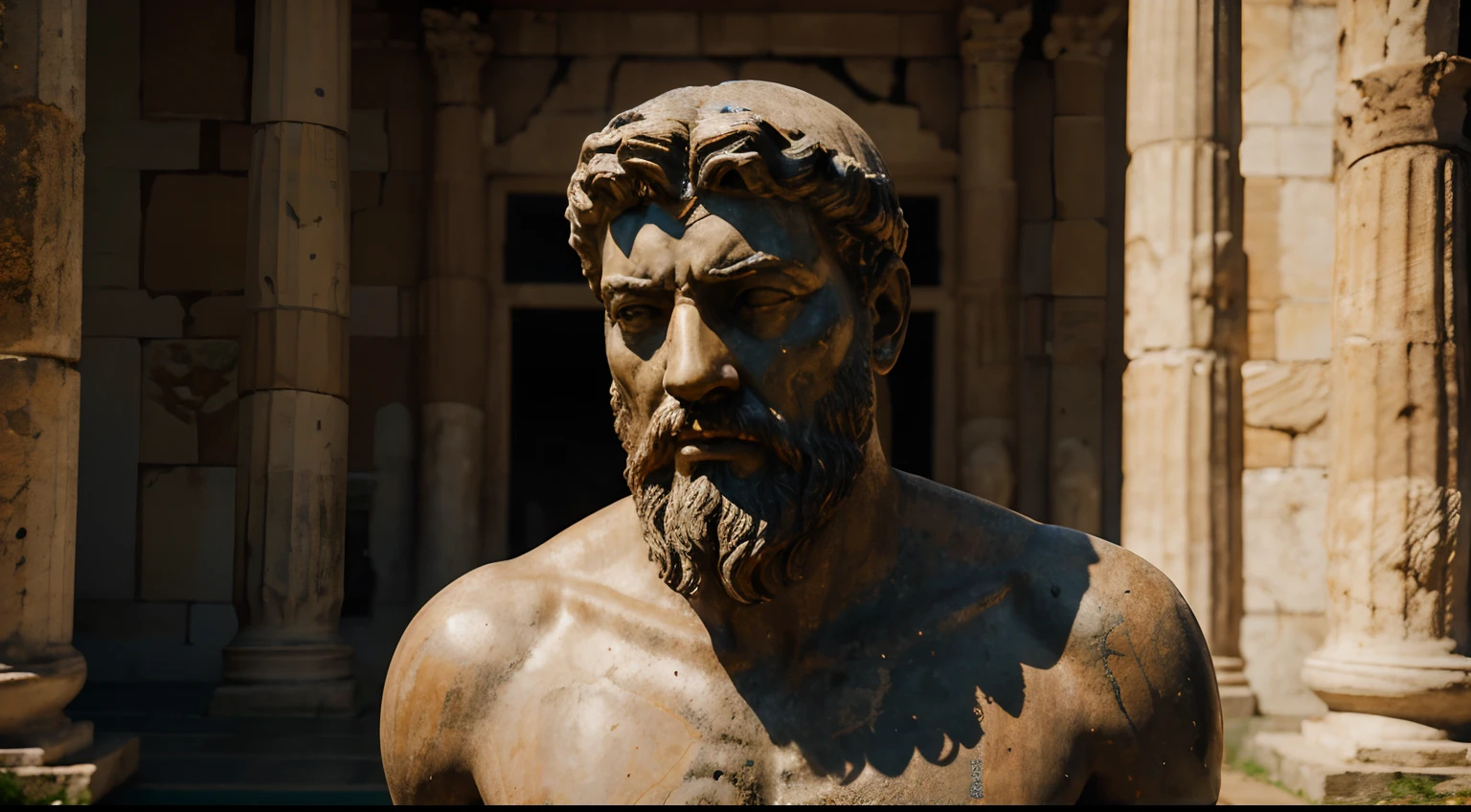 Ancient Stoic Statue With Very Angry Expression, tem barba, muitos detalhes em ambos os olhos, Outside, fundo atenas grego, com rosto extremamente detalhado full body view, Colors with low saturation with dark tone, Filmado em Sony A7S III com Sony FE 35mm f/1.8, 12.1 MP, --AR 3:2 --estilo cru