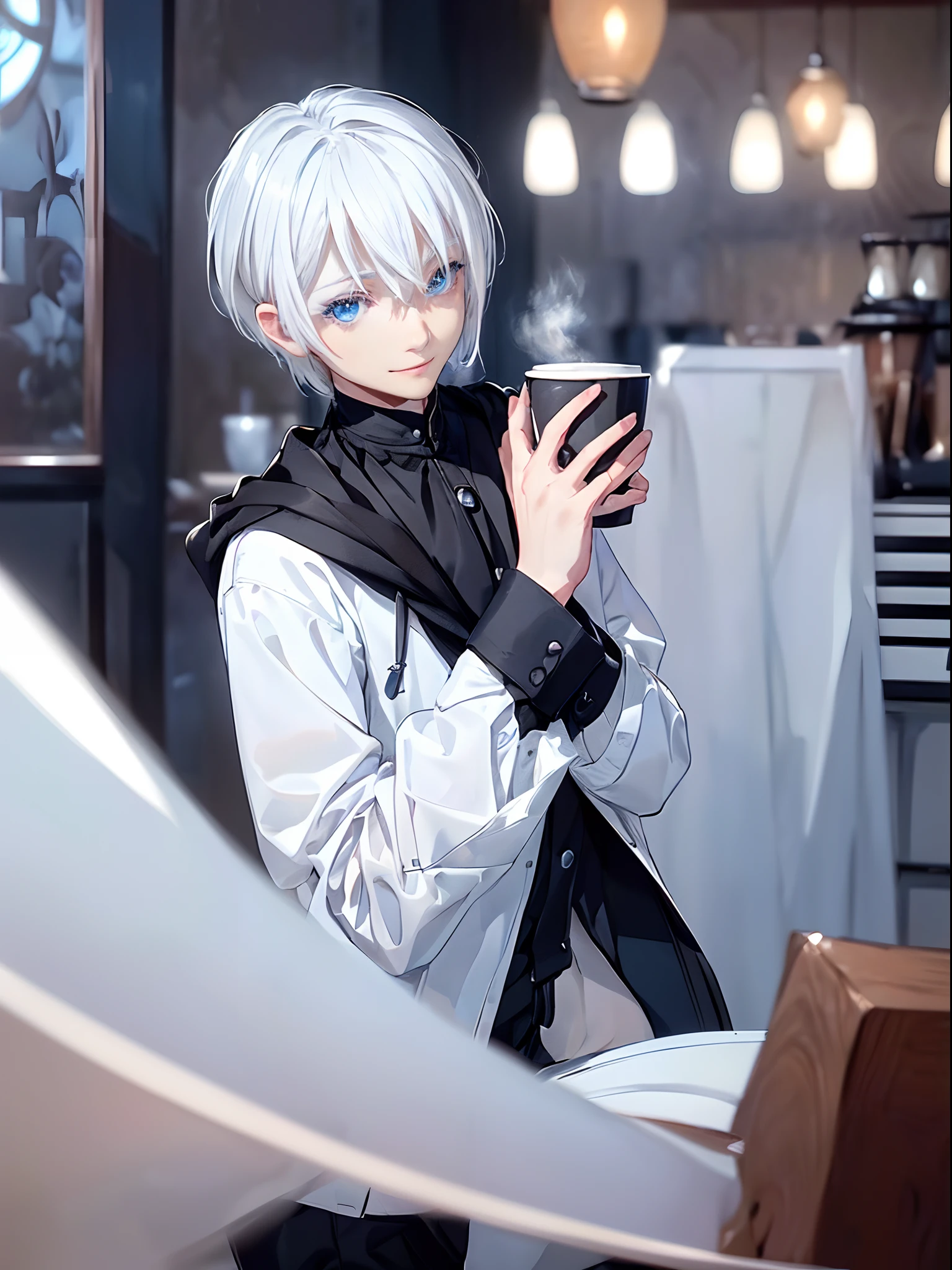 ((4K works))、masterpiece、(top-quality)、One beautiful boy、Slim body、tall、((Black Y-shirt and white pants、Charming street style))、Please wear one jacket、Wearing a hood to hide his face、(Detailed beautiful eyes)、Daytime coffee shop、((Inside a bright coffee shop))、Stylish coffee shop、((Face similar to Carly Rae Jepsen))、((Short-haired white hair))、((Smaller face))、((Neutral face))、((Bright blue eyes))、((American adult male))、((Adult male 26 years old))、((Cool Men))、((Like a celebrity))、((Smiling expression))、((Korean Makeup))、((elongated and sharp eyes))、((Happy dating))、((boyish))、((Upper body photography))、Professional Photos、((Focus zoom on face))、((Face enhancement))、((Do-up on the face))、((Shot alone))、((Shot from diagonally below))、((Close-range shooting))、((He stares at the viewer))、((Bring your face closer to the camera))、((Put your hand on your cheek and smile))、((He sits in front of the viewer))