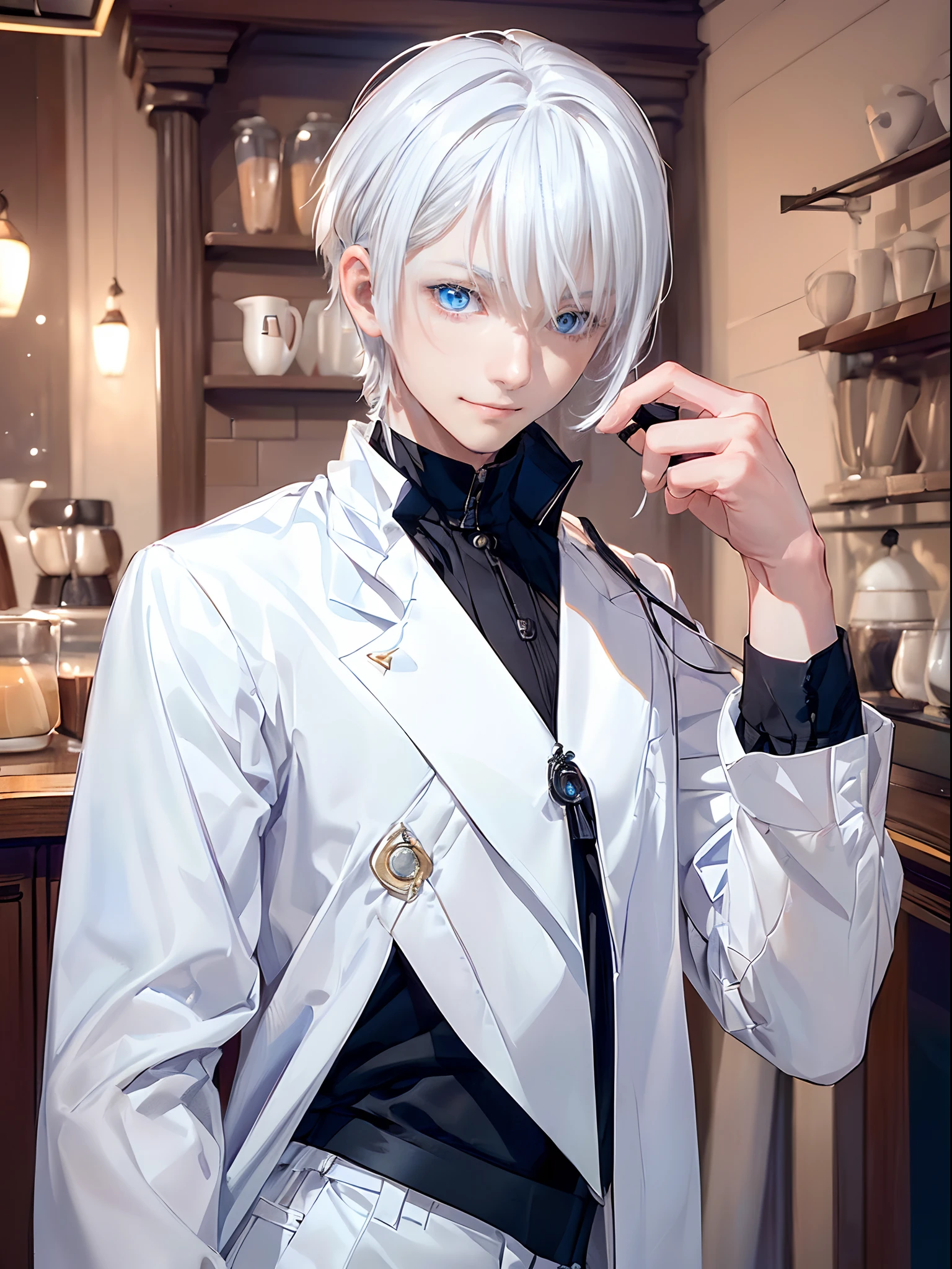 ((4K works))、masterpiece、(top-quality)、One beautiful boy、Slim body、tall、((Black Y-shirt and white pants、Charming street style))、Please wear one jacket、Wearing a hood to hide his face、(Detailed beautiful eyes)、Daytime coffee shop、((Bright coffee shop interior))、Stylish coffee shop、((Face similar to Carly Rae Jepsen))、((Short-haired white hair))、((Smaller face))、((Neutral face))、((Bright blue eyes))、((American adult male))、((Adult male 26 years old))、((Cool Men))、((Like a celebrity))、((Smiling expression))、((Korean Makeup))、((elongated and sharp eyes))、((Happy dating))、((boyish))、Professional Photos、((Focus zoom on face))、((Face enhancement))、((Facial do-up))、((Shot alone))、((Shot from diagonally below))、((Close-range shooting))、((He stares at the viewer))、((Bring your face closer to the camera))、((Put your hand on your cheek and smile))、((He sits in front of the viewer))