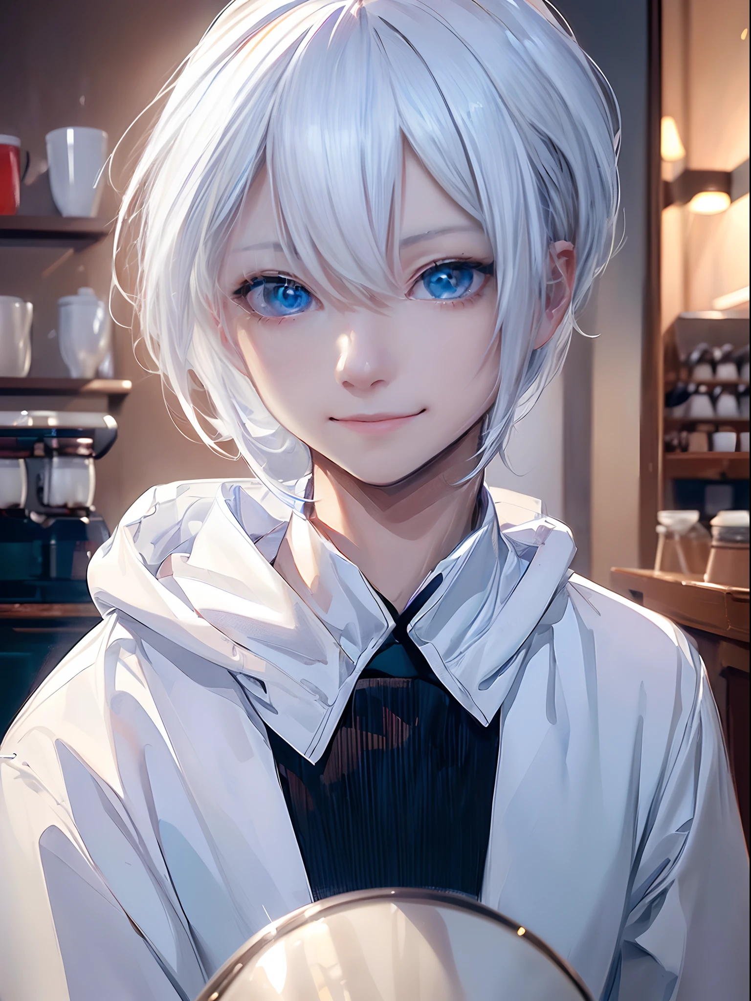 ((4K works))、​masterpiece、(top-quality)、One beautiful boy、Slim body、tall、((Black Y-shirt and white pants、Charming street style))、Please wear one jacket、Wearing a hood to hide his face、(Detailed beautiful eyes)、Daytime coffee shop、((Bright coffee shop interior))、Stylish coffee shop、((Face similar to Carly Rae Jepsen))、((Short-haired white hair))、((Smaller face))、((Neutral face))、((Bright blue eyes))、((American adult male))、((Adult male 26 years old))、((Cool Men))、((Like a celebrity))、((Smiling expression))、((Korean Makeup))、((elongated and sharp eyes))、((Happy dating))、((boyish))、Professional Photos、((Focus zoom on face))、((Face enhancement))、((Facial do-up))、((Shot alone))、((Shot from diagonally below))、((Close-range shooting))、((He stares at the viewer))、((Bring your face closer to the camera))、((Put your hand on your cheek and smile))、((He sits in front of the viewer))