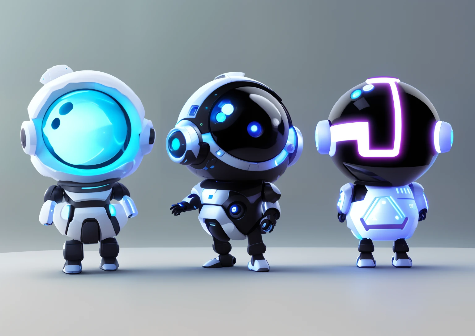 Three cartoon robots stand in a row,, very stylized character design, cute cyber gods, Stylized character design, Game character design, video game characters designs, game character concept art, Stylized concept art, Game character art, Game concept art, video game character concept, high quality character design, painted as a game concept art,natural lightting,trends in art station,Simple details,Cartoon image of futuristic robot,adolable,droid,Q version,Design style,character sheets, Set the chart,multiple views,NFT, Style simple details,Cartoon image of futuristic robot,adolable,droid,Q version,Design style,character sheets, Set the chart,multiple views