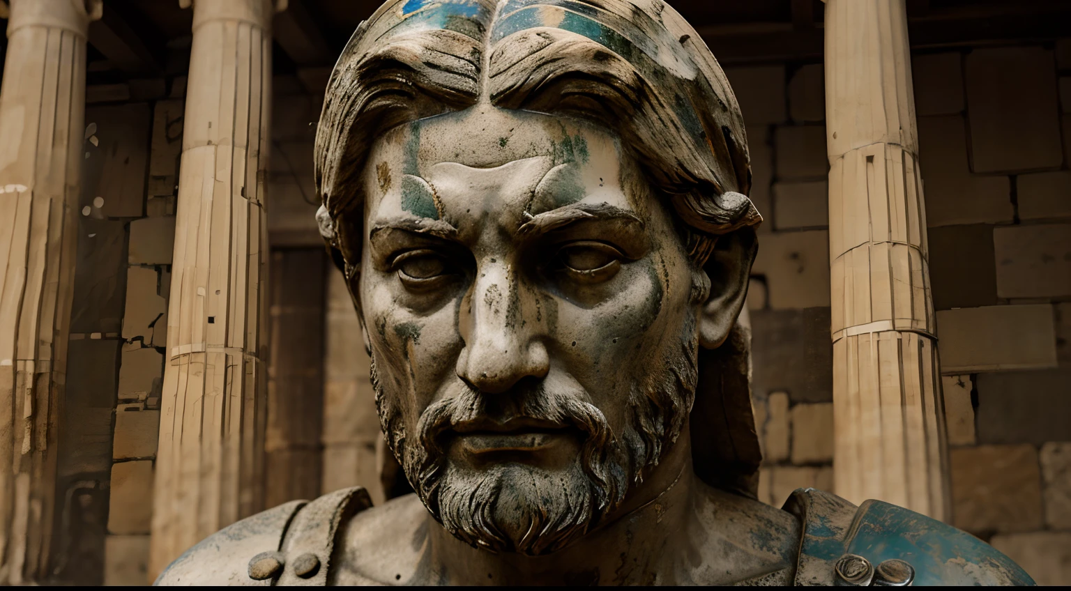 Ancient Stoic Statue With Very Angry Expression, tem barba, muitos detalhes em ambos os olhos, Outside, fundo atenas grego, com rosto extremamente detalhado full body view, Colors with low saturation with dark tone, Filmado em Sony A7S III com Sony FE 35mm f/1.8, 12.1 MP, --AR 3:2 --estilo cru