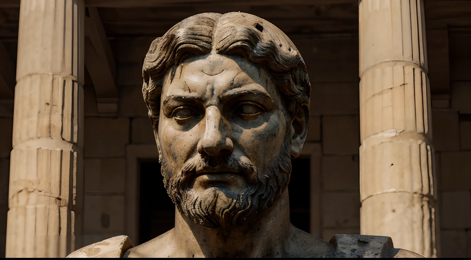 Ancient Stoic Statue With Very Angry Expression, tem barba, muitos detalhes em ambos os olhos, Outside, fundo atenas grego, com rosto extremamente detalhado full body view, Colors with low saturation with dark tone, Filmado em Sony A7S III com Sony FE 35mm f/1.8, 12.1 MP, --AR 3:2 --estilo cru
