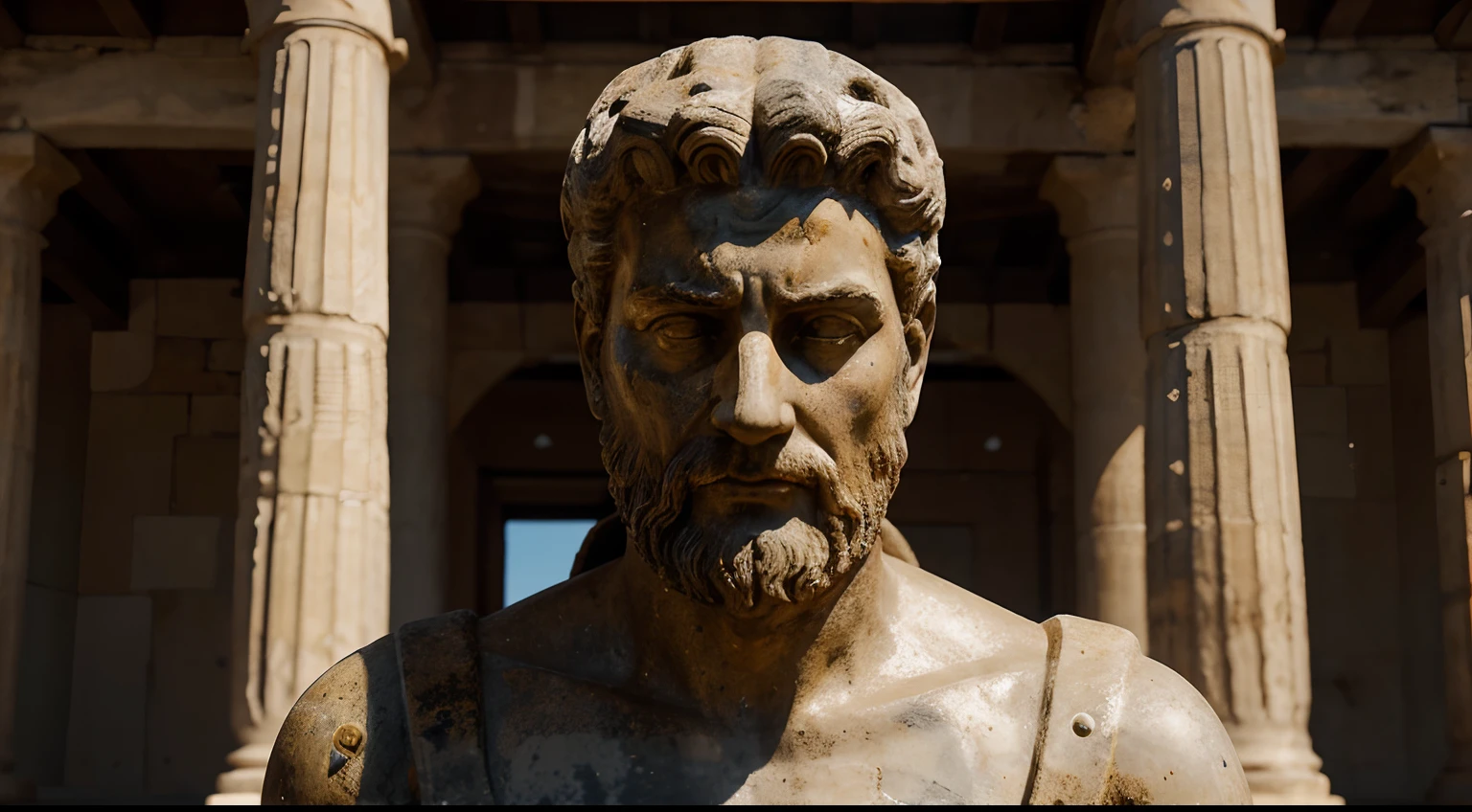 Ancient Stoic Statue With Very Angry Expression, tem barba, muitos detalhes em ambos os olhos, Outside, fundo atenas grego, open sky, com rosto extremamente detalhado full body view, Colors with low saturation with dark tone, Filmado em Sony A7S III com Sony FE 35mm f/1.8, 12.1 MP, --AR 3:2 --estilo cru