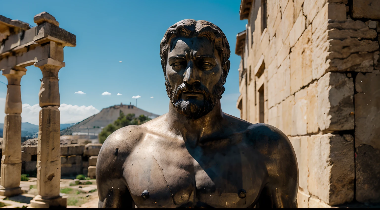 Ancient Stoic Statue With Very Angry Expression, tem barba, muitos detalhes em ambos os olhos, Outside, fundo atenas grego, open sky, com rosto extremamente detalhado full body view, Colors with low saturation with dark tone, Filmado em Sony A7S III com Sony FE 35mm f/1.8, 12.1 MP, --AR 3:2 --estilo cru