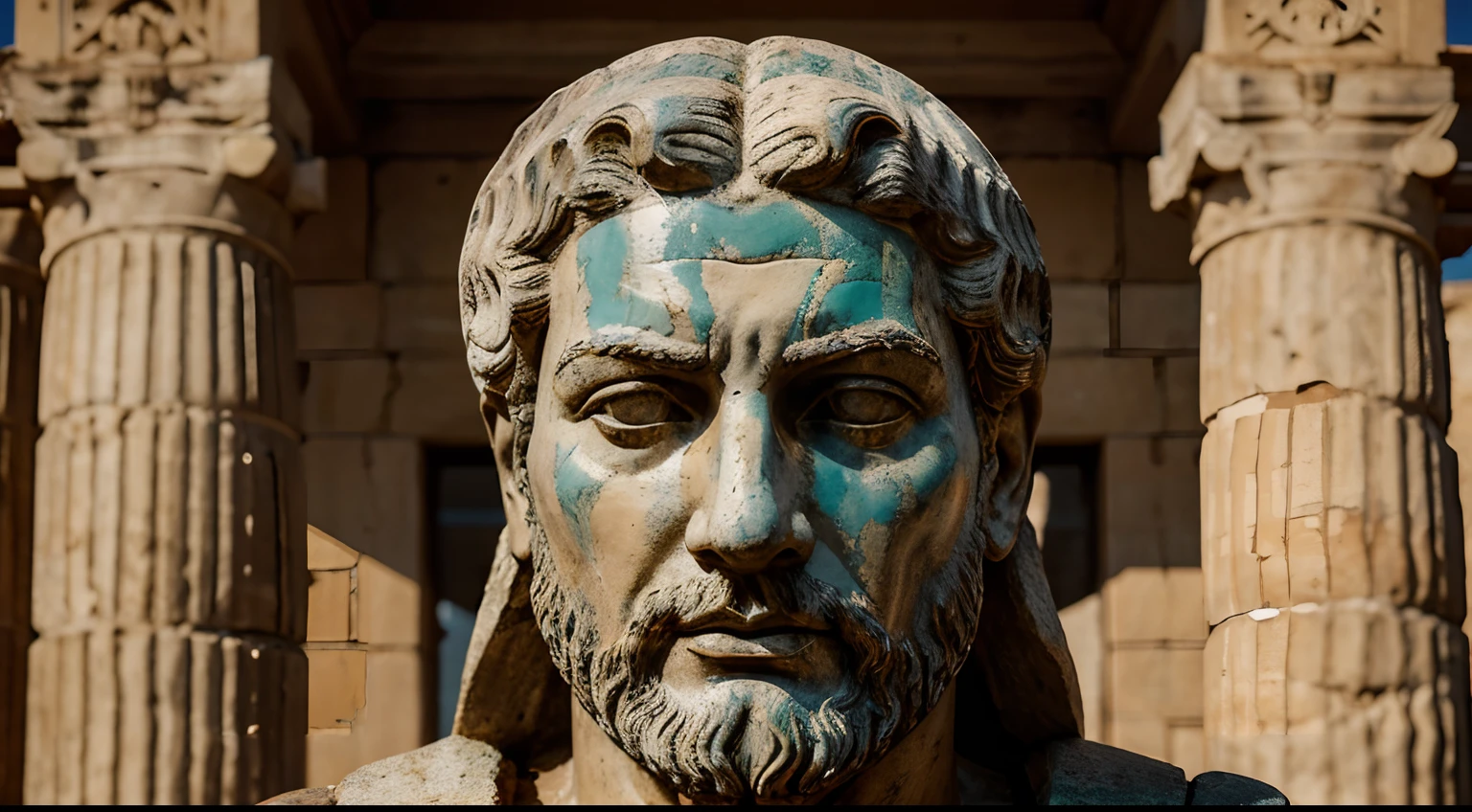 Ancient Stoic Statue With Very Angry Expression, tem barba, muitos detalhes em ambos os olhos, Outside, fundo atenas grego, open sky, com rosto extremamente detalhado full body view, Colors with low saturation with dark tone, Filmado em Sony A7S III com Sony FE 35mm f/1.8, 12.1 MP, --AR 3:2 --estilo cru