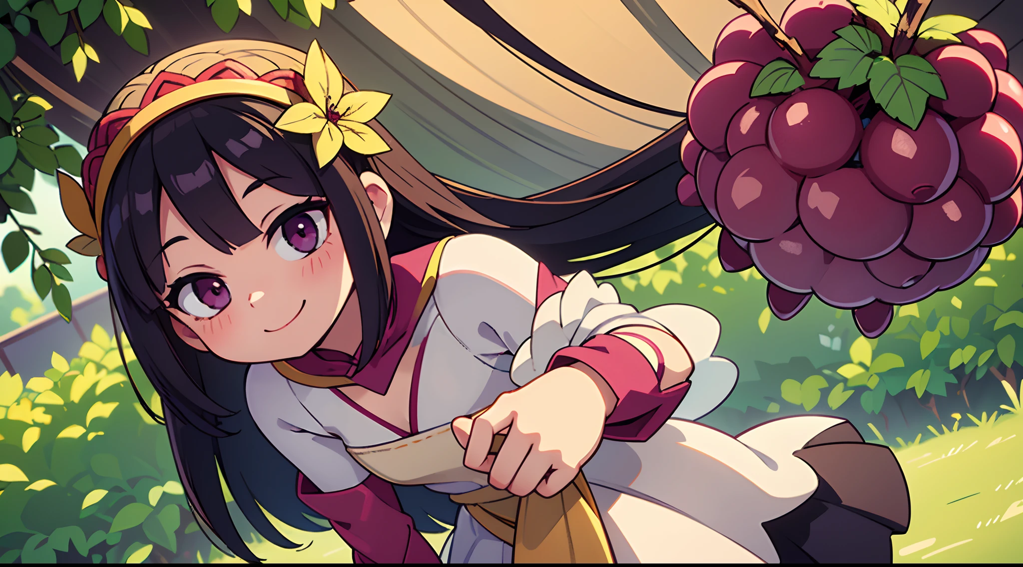 Octane Render、(Hyper-detailing: 1.15)、(Soft light、sharp: 1.2)、morning、Harvesting grapes, Grabbing grapes hanging from the vine with your hands、Distinctive ethnic hair ornaments、 Fuji Film, F/4.0, masutepiece, Anatomically correct、A smile, radiant light