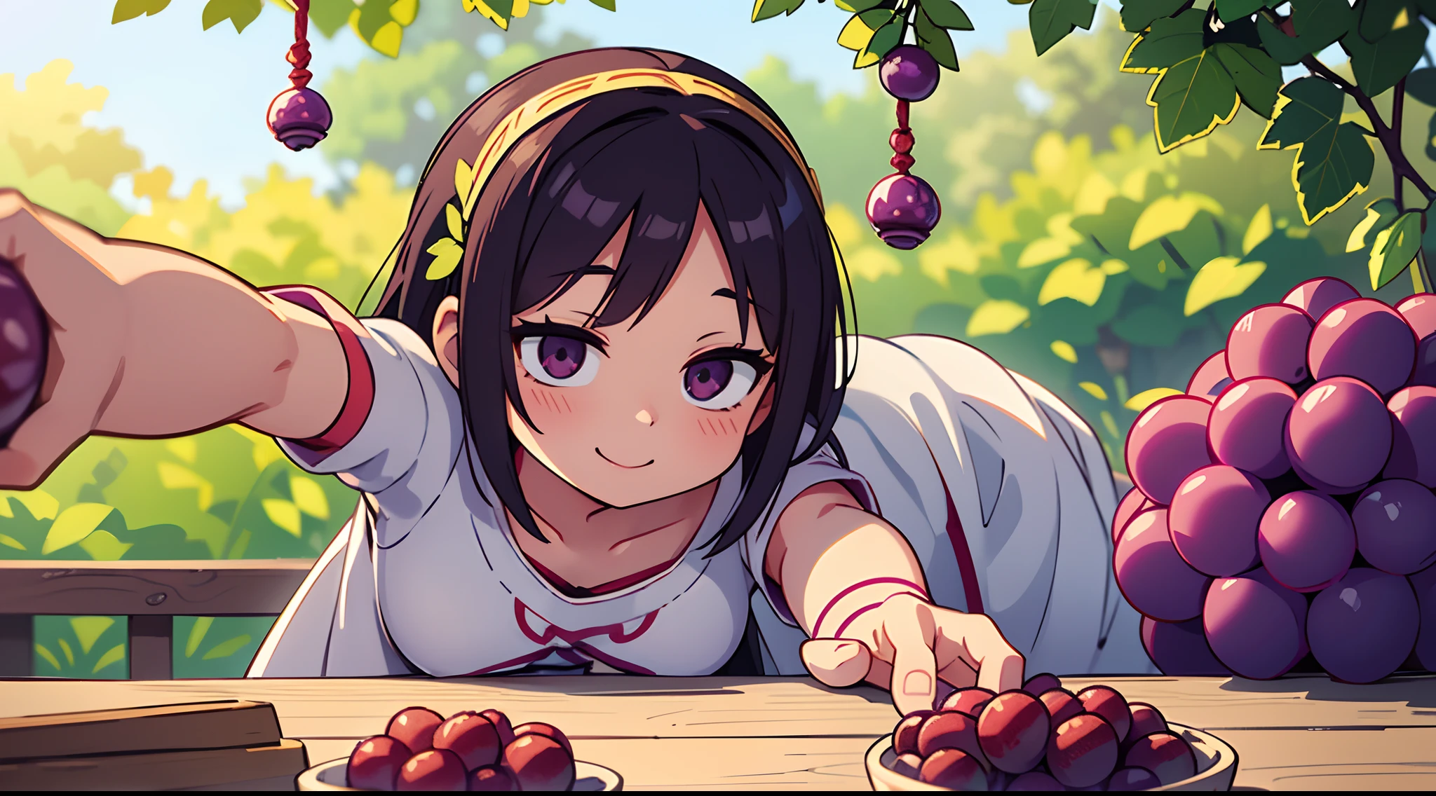 Octane Render、(Hyper-detailing: 1.15)、(Soft light、sharp: 1.2)、morning、Harvesting grapes, Enjoy grape picking、Grabbing grapes hanging from the vine with your hands、Distinctive ethnic hair ornaments、 Fuji Film, F/4.0, masutepiece, Anatomically correct、A smile, radiant light