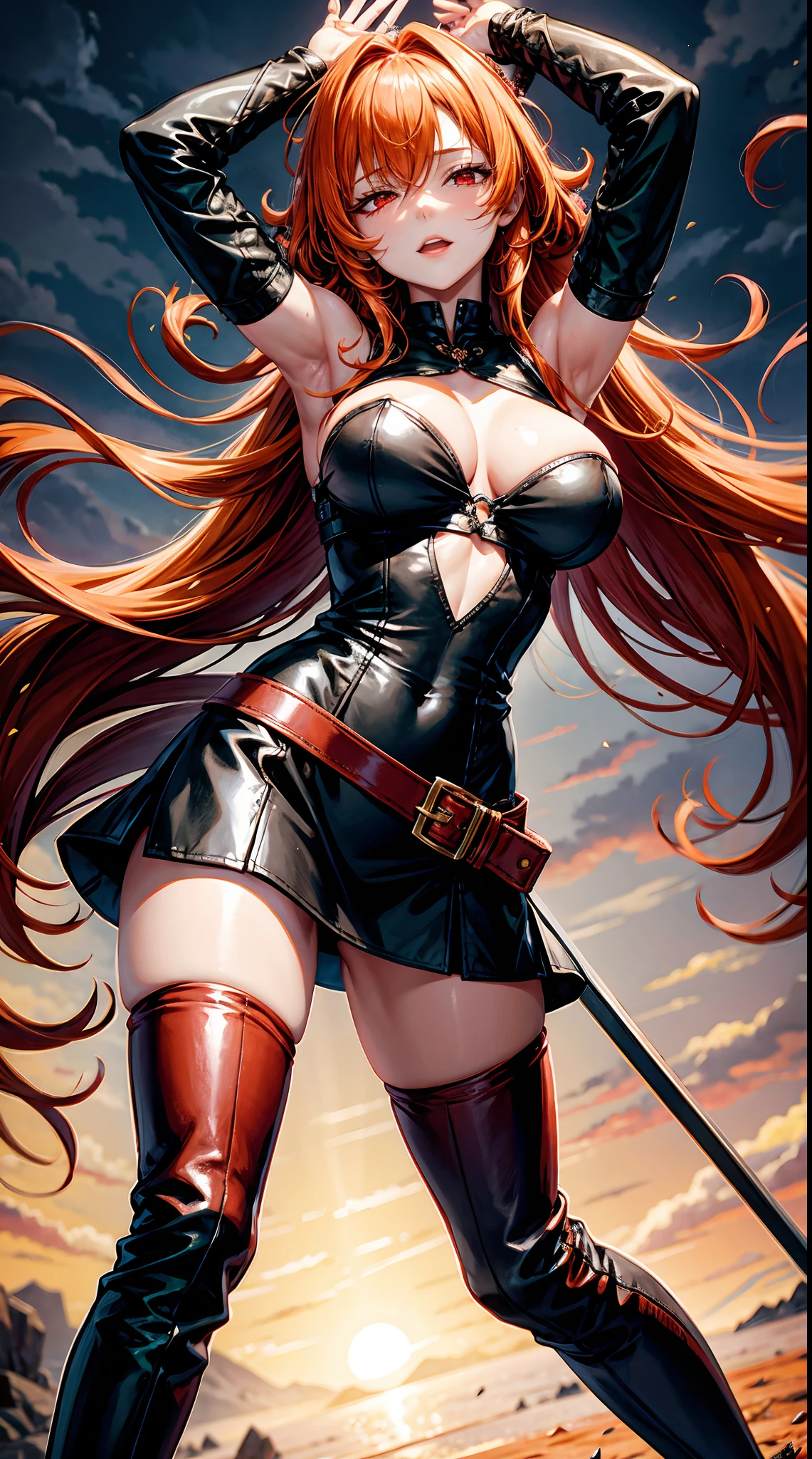 ((Best Quality, in 8K, All women, Seen from the front,masuter piece :0.5)), 1 Woman in fantasy clothes, (One head, Two arms, I don't have anything in my hands, Orange medium hair, closed eye, Scarlet eyes, Black long tights, large full breasts, I'm in love with, glad, long boots,),