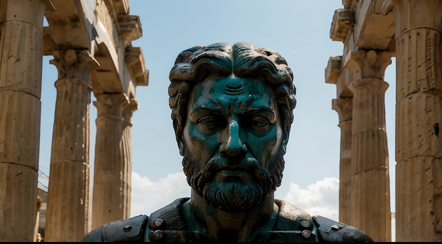 Ancient Stoic Statue With Very Angry Expression, tem barba, muitos detalhes em ambos os olhos, Outside, fundo atenas grego, open sky, com rosto extremamente detalhado full body view, Colors with low saturation with dark tone, Filmado em Sony A7S III com Sony FE 35mm f/1.8, 12.1 MP, --AR 3:2 --estilo cru