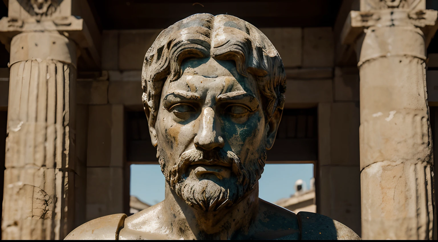 Ancient Stoic Statue With Very Angry Expression, tem barba, muitos detalhes em ambos os olhos, Outside, fundo atenas grego, open sky, com rosto extremamente detalhado full body view, Colors with low saturation with dark tone, Filmado em Sony A7S III com Sony FE 35mm f/1.8, 12.1 MP, --AR 3:2 --estilo cru