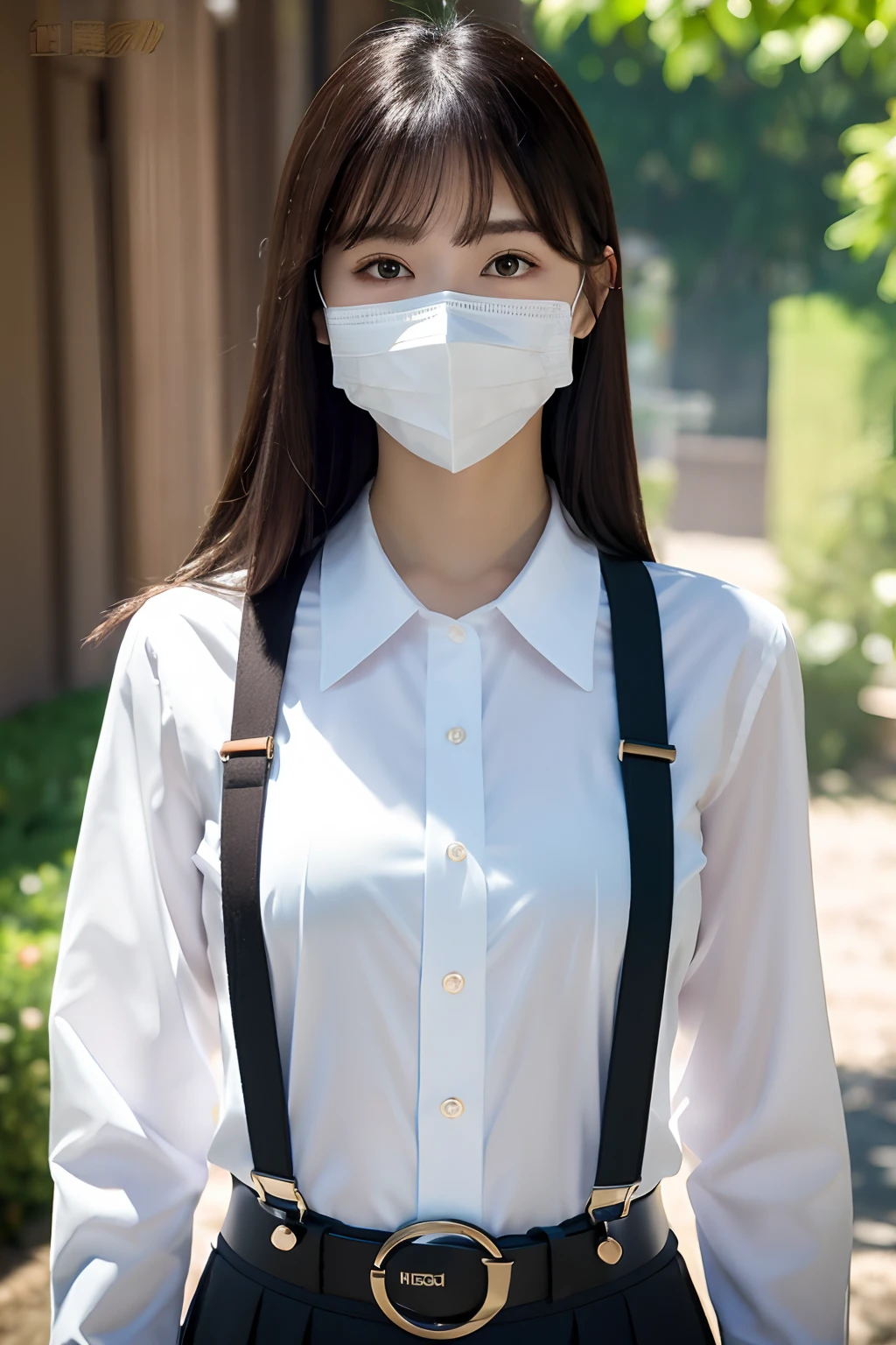 masterpiece、top-quality、The ultra -The high-definition、、colourfull、flat-colors、depth of fields、lens flare 1 girl、、A dark-haired、watching at viewers Suits Cutter shirt a belt suspenders working adults materia OL Black Suit Black jacket glares Big Breasts Mask