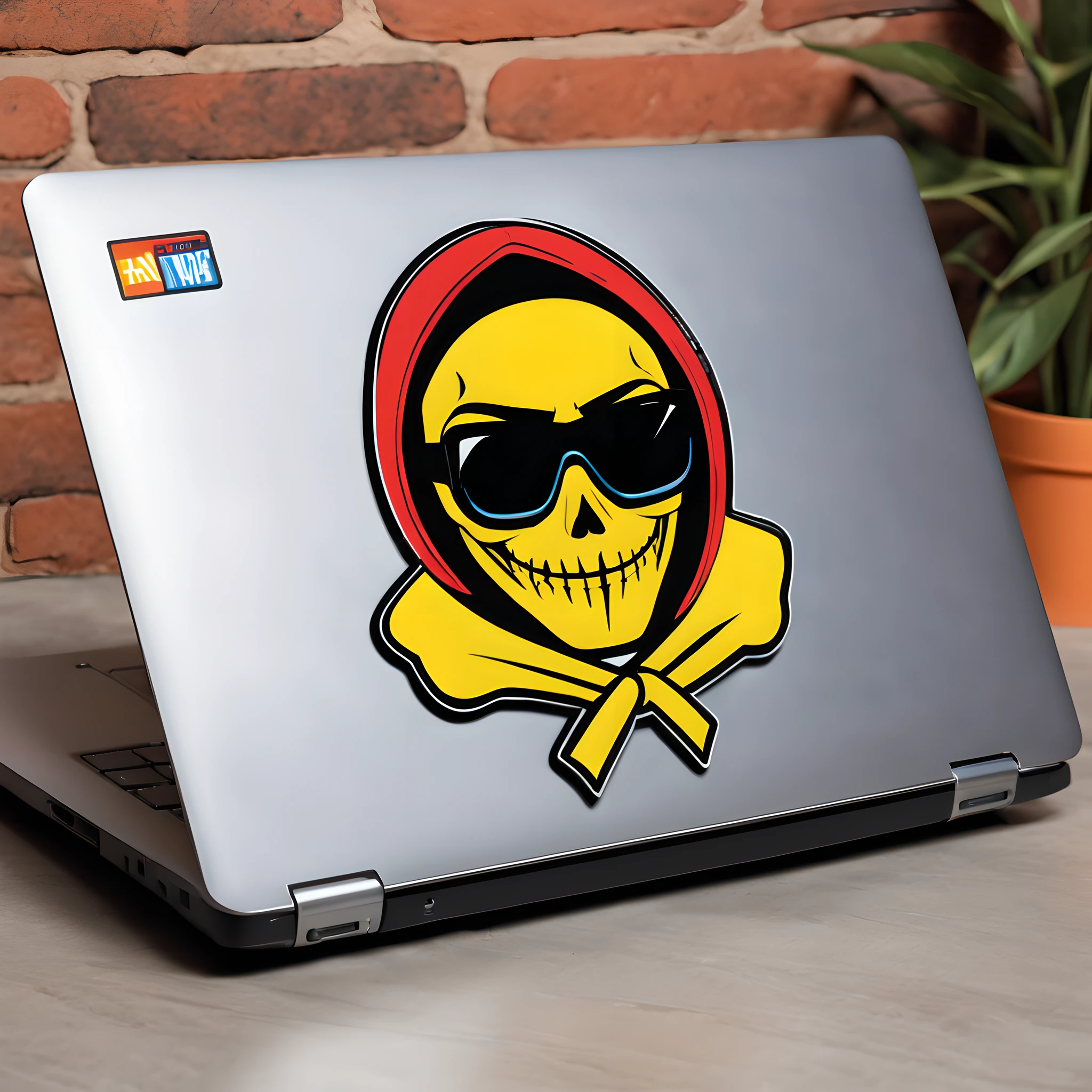 Composition: Craft a compelling image showcasing the closed surface of a hacker's laptop. The composition should emphasize the laptop's exterior, generating intrigue about what's inside. Stickers: Design a collection of pop-art-style stickers that feature the symbol of a hacker collective. These stickers should be visually striking, contributing to the laptop's character and hinting at the hacker's world. Background: Maintain a high-resolution image that brings out the details of the stickers and laptop surface. The laptop should be the focus, and the stickers should add depth to the story, hinting at the hacker's identity.