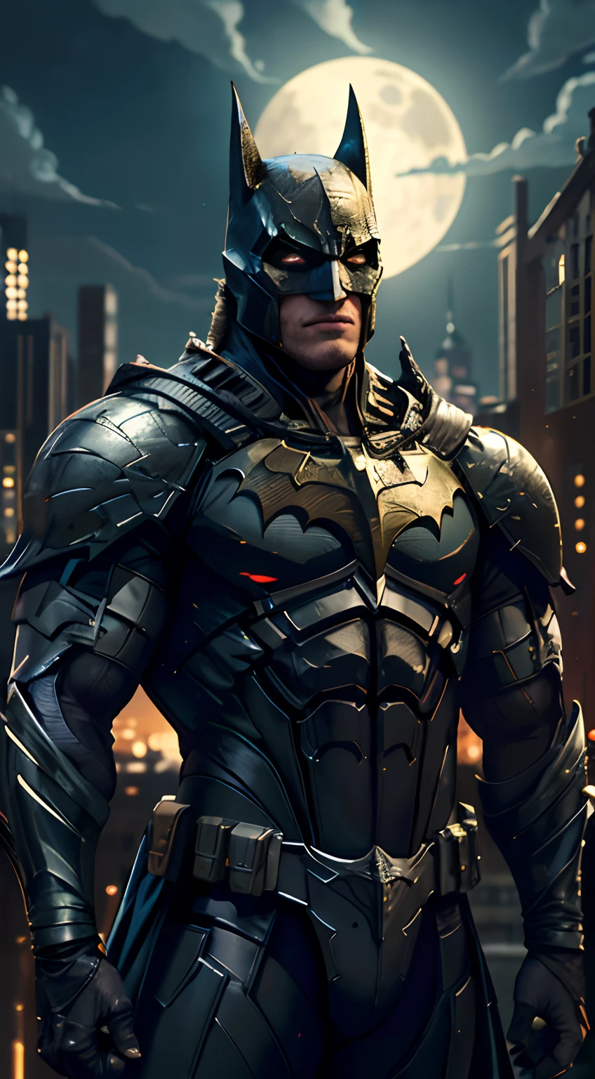 Batman of the Dark Knight stands towering in a lost Gotham city. Moonlight highlights your muscles and scars. El paisaje es exuberante y misterioso, With futuristic technology, Su traje es dorado, como caballeros del zodiaco. grandes musculos
